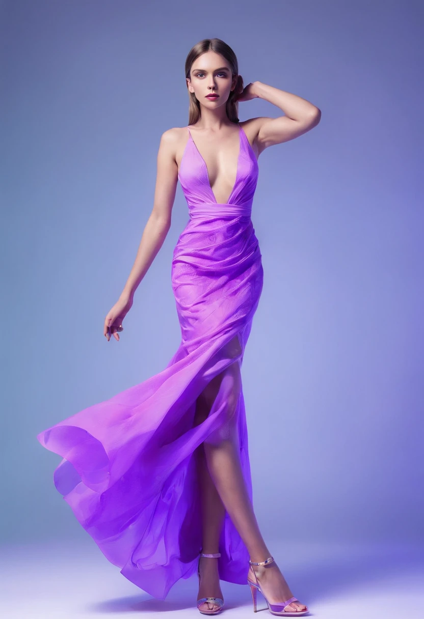 full body photographed from the front beautiful woman in airy fluorescent purple dress, high heels, in night party, motion, blue, neon, movement, photo realistic