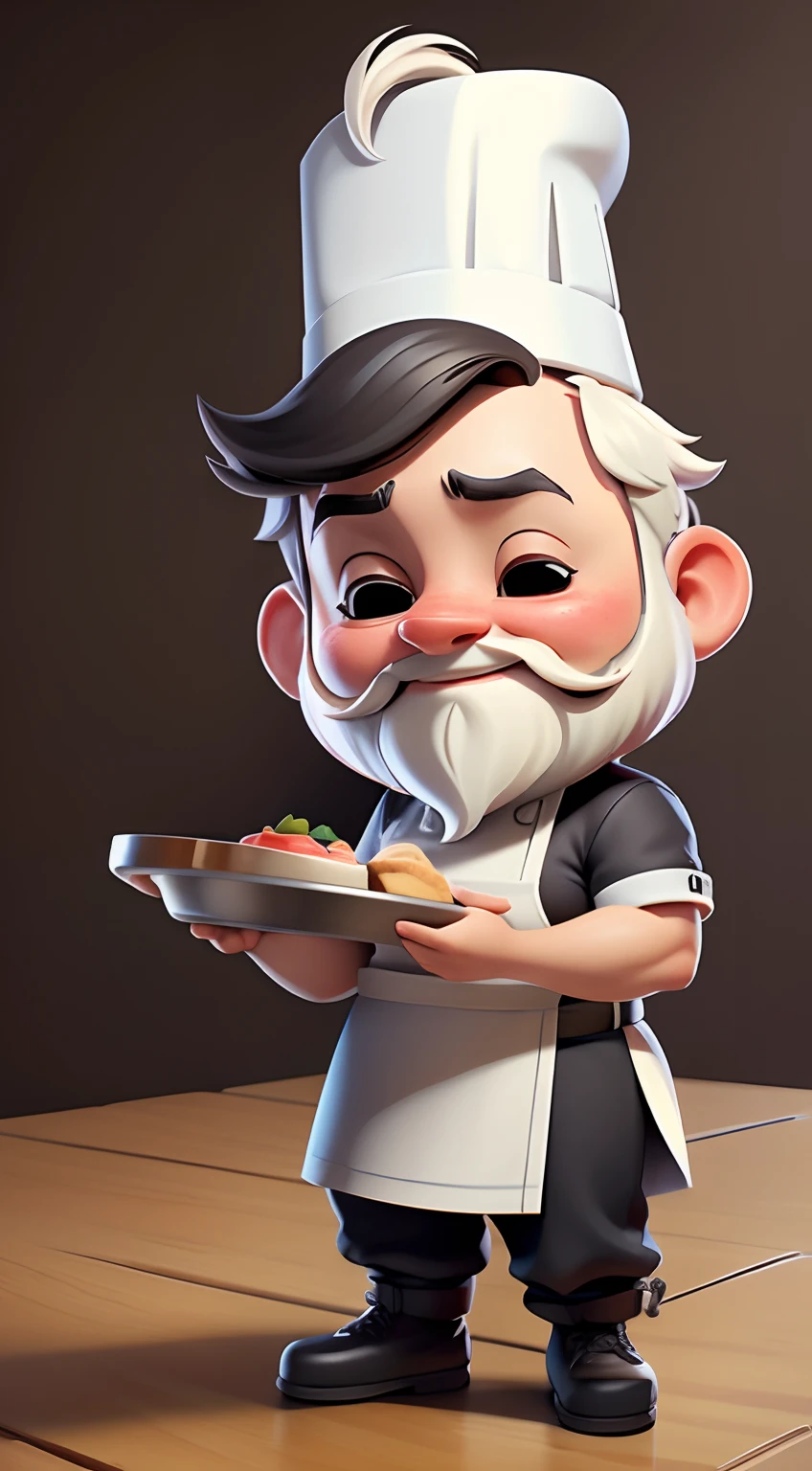 Full body portrait of a male chef,Wear chef attire,with a chef's hat,Place your hands on the plate,Middle Age,Cartoon image,Have a beard。