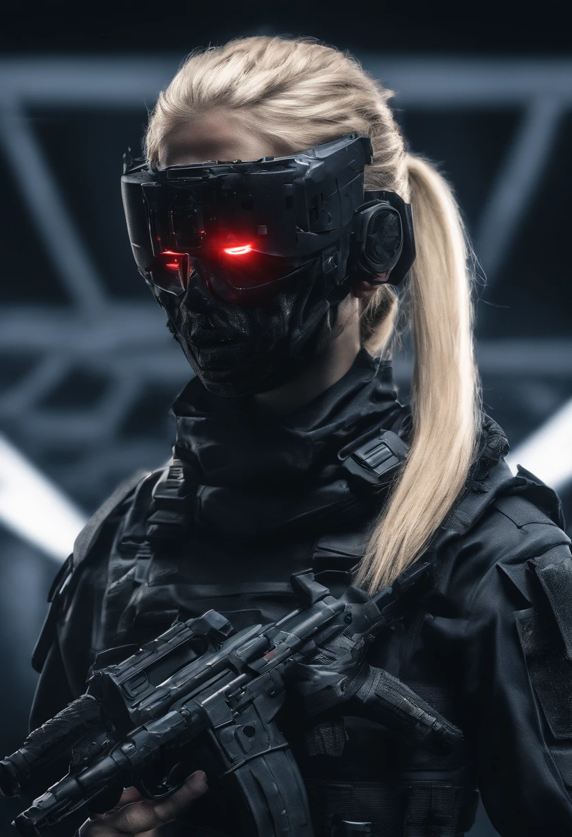 Beautiful Young Special Forces Girl, (((Blue Eyes, Blonde Hair, Ponytail))), (((Wearing black special forces equipment, Body Armour, Tactical Gear, Half Face Tactical Mask))), (((Gun in hand))), full bodyshot, Cyberpunk, neonlight, Futuristic, surrealist, Red 3D, Redshift, Maxon Cinema 4D, Quaixel Megascan rendering, Doomsday colors, Red light, Futuristic, 1/3, High detail, Ultra high quality, illusory engine, 8K, LED lamps, global lighting, deep shadows, Octane Rendering, 8K, Ultra Sharp, Metal, Intricate Ornament Details, baroque details, Very intricate details, realistic light, CGSoation trend, facing the camera, neon details
