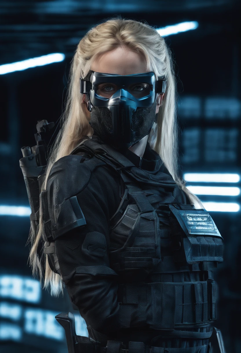 Beautiful Young Special Forces Girl, (((Blue Eyes, Blonde Hair, Ponytail))), (((Wearing black special forces equipment, Body Armour, Tactical Gear, Half Face Tactical Mask))), (((Gun in hand))), full bodyshot, Cyberpunk, neonlight, Futuristic, surrealist, Red 3D, Redshift, Maxon Cinema 4D, Quaixel Megascan rendering, Doomsday colors, Red light, Futuristic, 1/3, High detail, Ultra high quality, illusory engine, 8K, LED lamps, global lighting, deep shadows, Octane Rendering, 8K, Ultra Sharp, Metal, Intricate Ornament Details, baroque details, Very intricate details, realistic light, CGSoation trend, facing the camera, neon details