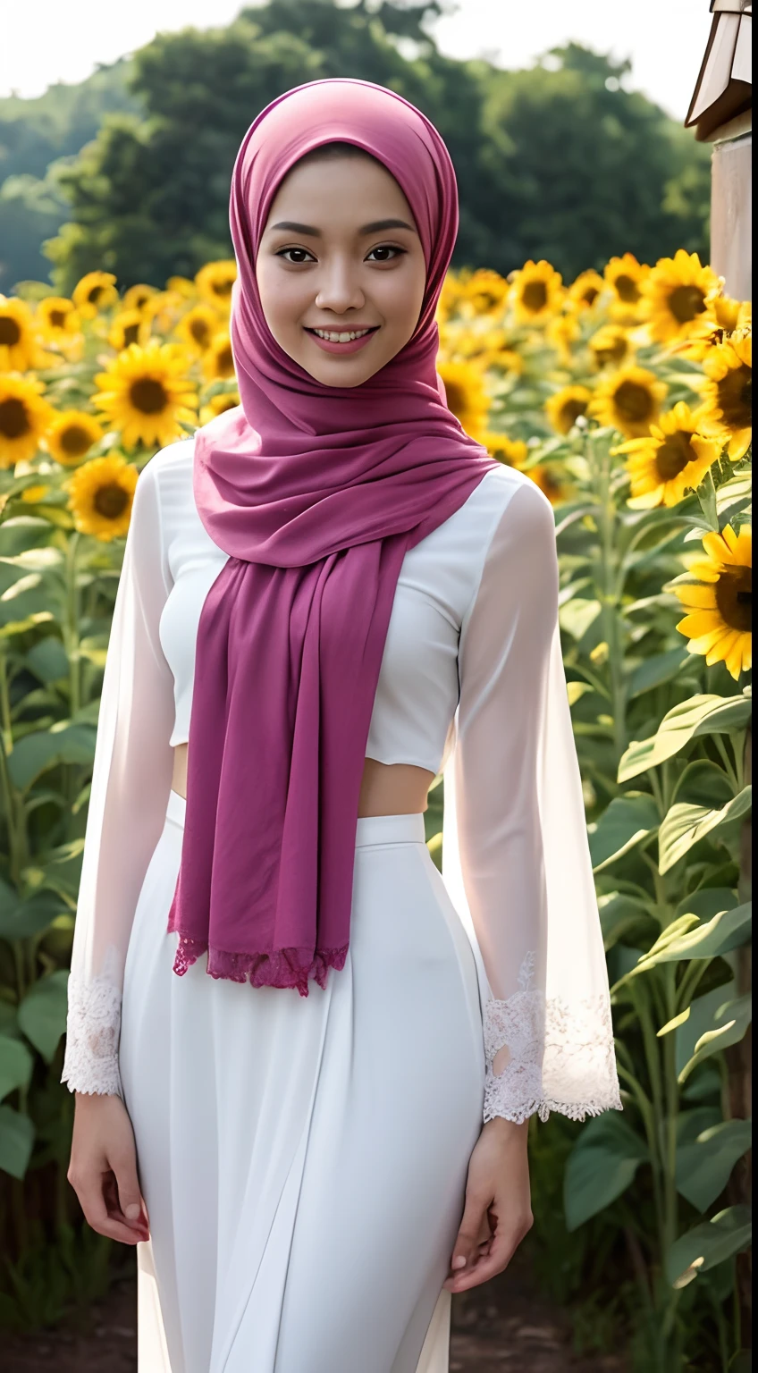 Malay girl in long hijab wear baju kebaya, pastel color, walking in sunflower field, windy, blown her hijab, front view, detail skin, detail skin texture, mole below eyes, small breast, wide hips, small waist, thick thigh, slim abs, beautiful body, sunrise, laughing, happy, bright lighting, blur background, bokeh, 4k, ultra detail, high quality photo,