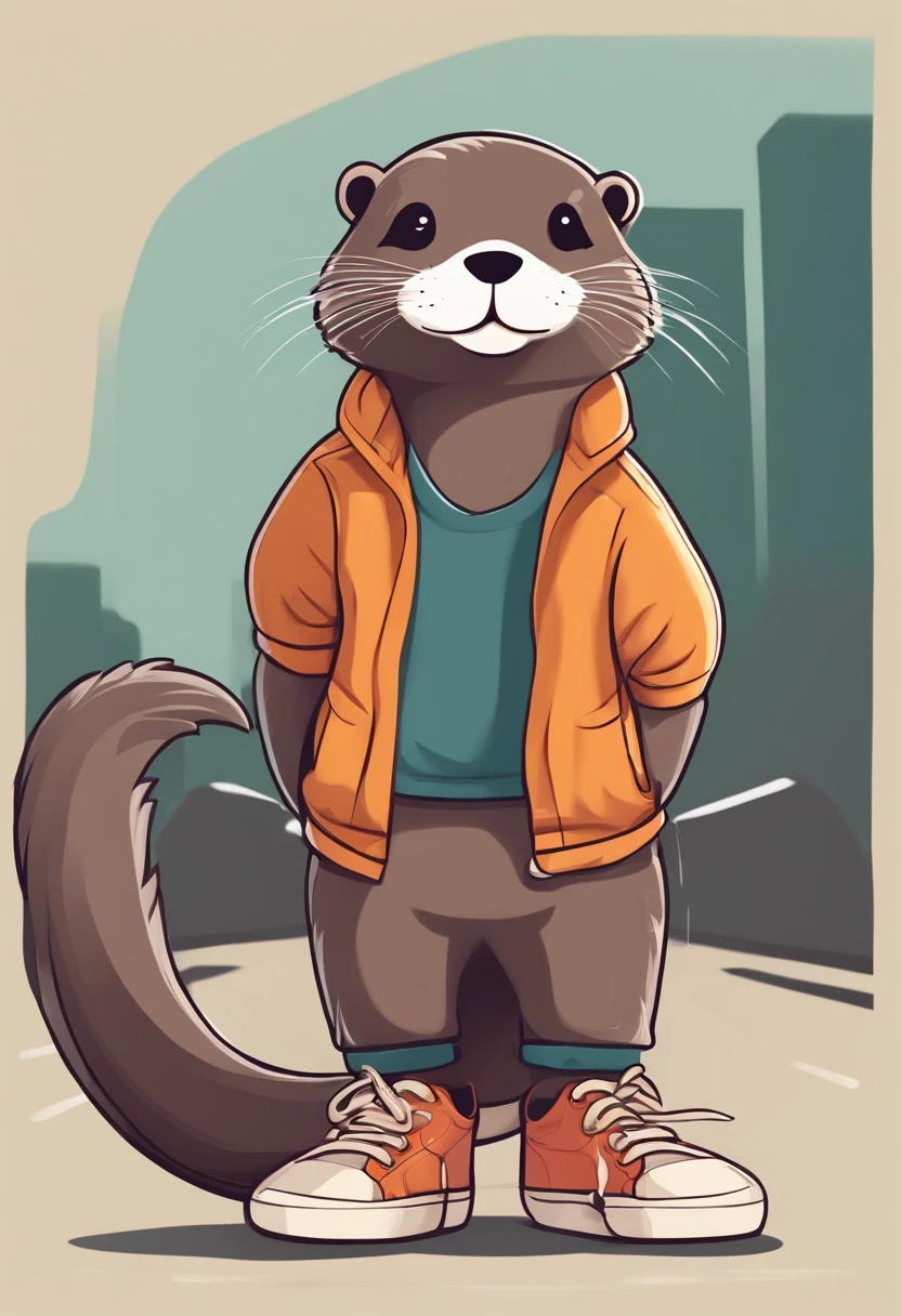 otter with shoes, cute, street fashion, flat color, vector, cartoon, detail, fashion and design, sticker design,