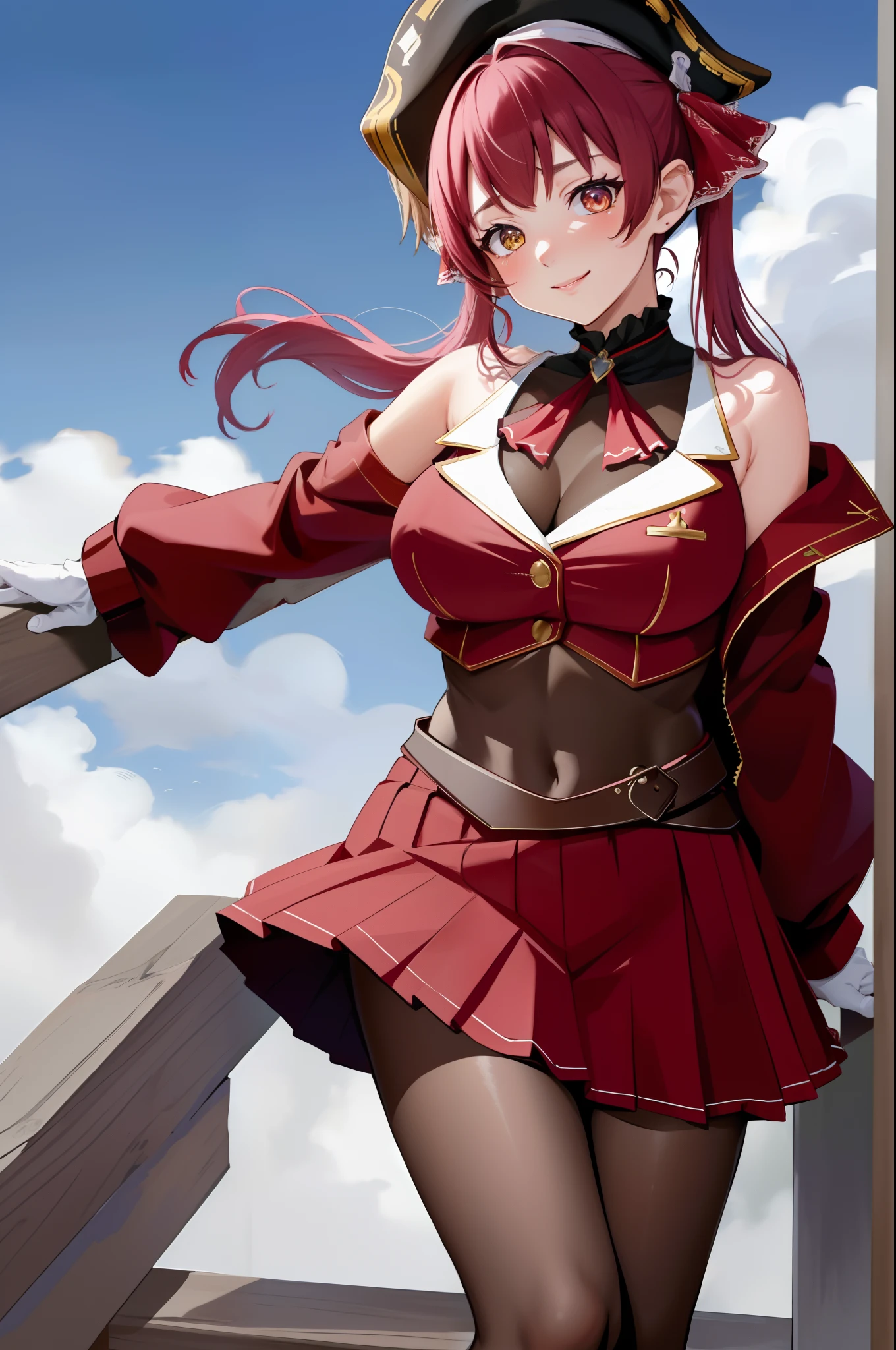 masterpiece, best quality, absurdres, perfect antomy, houshouBase, 1girl, solo, heterochromia, red eyes, yellow eyes, twintails, long hair, hair ribbon, large breasts, white gloves, frilled choker, red ascot, leotard, leotard under clothes, red jacket, cropped jacket, sleeveless jacket, black coat, off shoulder, bicorne, red skirt, miniskirt, leather belt, black thighhighs, standing, smile