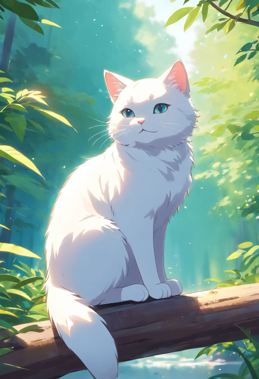 a white cat with a heart in its paws sitting on a branch, vector art by Martina Krupičková, shutterstock, process art, a cute cat, kawaii cat, cute cat, cat design, illustration of a cat, happy cat, anime visual of a cute cat, cute digital art, fluffy cat t - shirt design, anthropomorphic cat