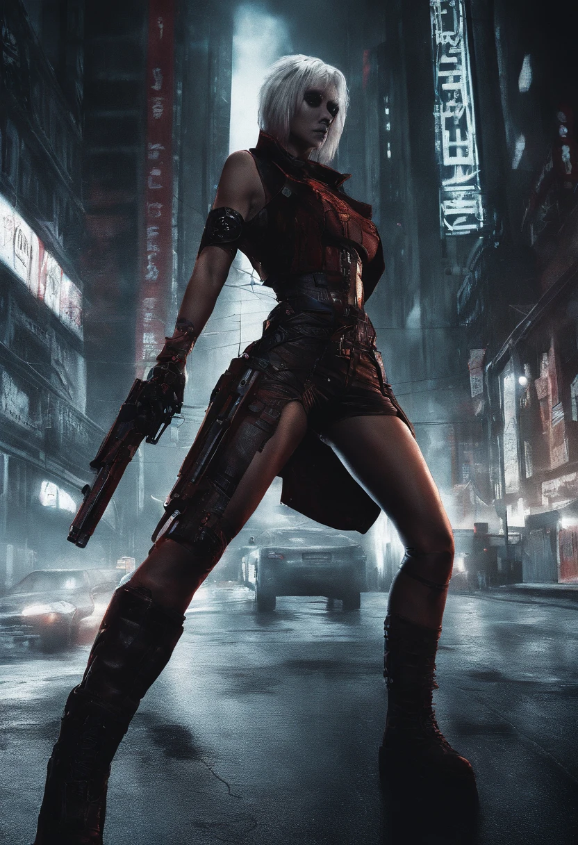 Masterpiece, a beautiful female Bounty Hunter, 1 Mechanical Girl, (Ultra Realistic Details), (cyberpunk city at night background, cyberpunk (((Red outfit, long Cyberpunk Jacket))), strong muscular body, short (((multicoloured hair, undercut))), (((Mechanical Limbs))), cyberpunk aesthetic, (skin texture:1.1), best quality, ultra high res, (photorealistic: 1.4), Raw photo, by Ellen von Unwerth, Nikon D850 Film Stock Photography, F1.6 Lens, Rich Colors, Realistic, Cinestill 800, backlight, rimlighting, studiolighting,
