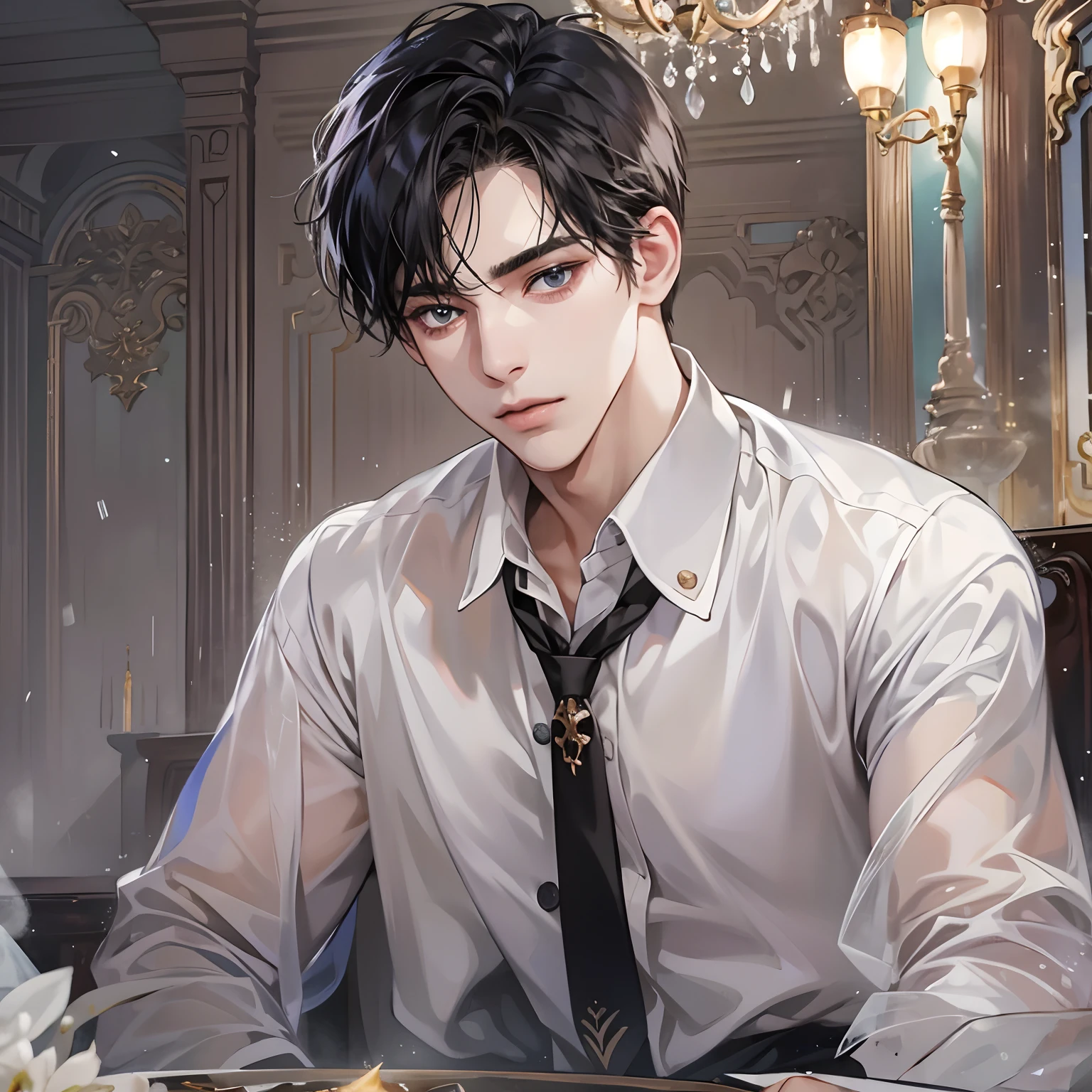 tmasterpiece,high high quality,Best quality at best,k hd,realisticlying,Perfect litthing,详细的脸,Detailed body,(1 man, 1.5),with short black hair,(white blouse1.5),(Calm expression:1.5)(The face is cold:1.5),(Banquet hall background 1.5)。
