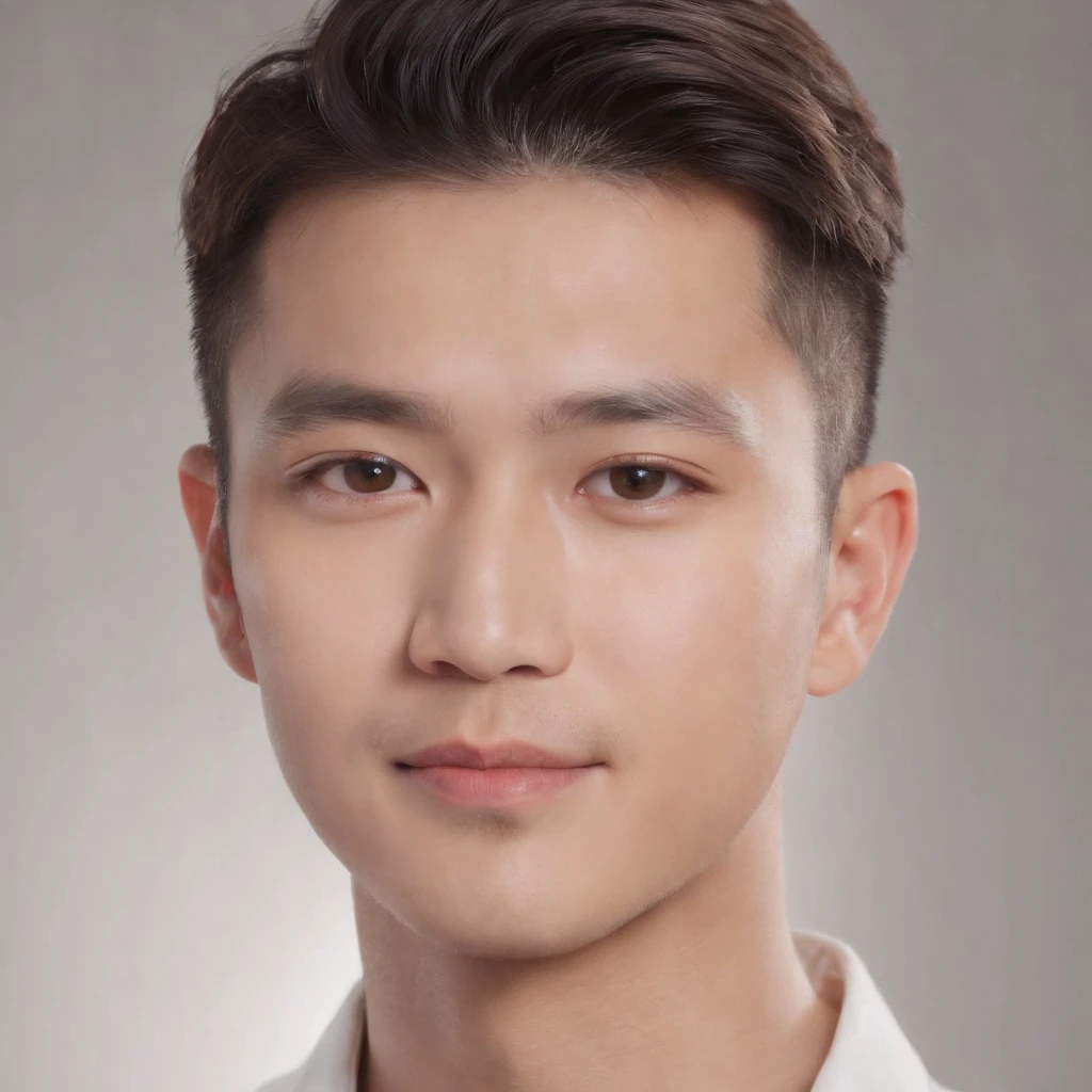 (photo: 1.3) af (realistic: 1.3), East Asian man, soft light, clear face, cheerful, warm light, ((gray-white gradient background)), (background)). ((gray wall background)) avatar, (short hair), handsome, young,, short hair, ((macro photography))