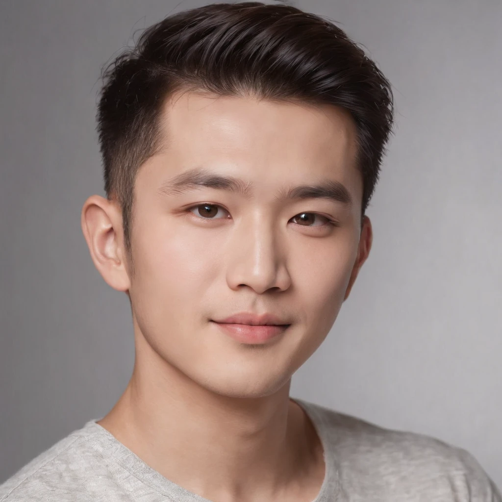 (photo: 1.3) af (realistic: 1.3), East Asian man, soft light, clear face, cheerful, warm light, ((gray-white gradient background)), (background)). ((gray wall background)) avatar, (short hair), handsome, young,, short hair, ((macro photography))