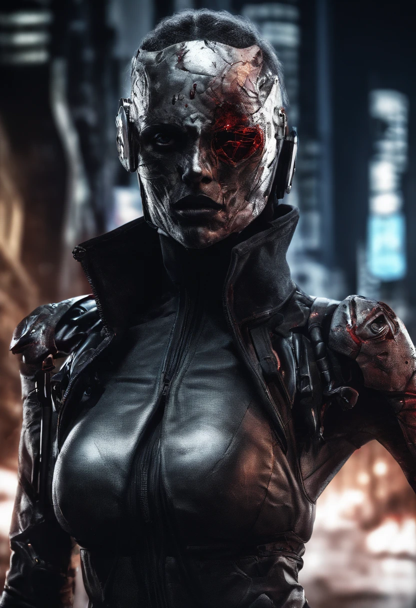 Masterpiece, a beautiful female Bounty Hunter, 1 Mechanical Girl, (Ultra Realistic Details), (cyberpunk city at night background, cyberpunk (((Red outfit, long Cyberpunk Jacket))), strong muscular body, short (((multicoloured hair, undercut))), (((Mechanical Limbs))), cyberpunk aesthetic, (skin texture:1.1), best quality, ultra high res, (photorealistic: 1.4), Raw photo, by Ellen von Unwerth, Nikon D850 Film Stock Photography, F1.6 Lens, Rich Colors, Realistic, Cinestill 800, backlight, rimlighting, studiolighting,