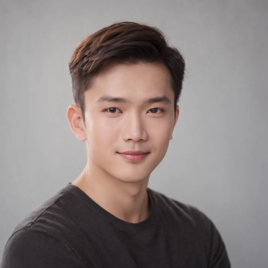 (photo: 1.3) af (realistic: 1.3), East Asian man, soft light, clear face, cheerful, warm light, ((gray-white gradient background)), (background)). ((gray wall background)) avatar, (short hair), handsome, young,, short hair, ((macro photography))