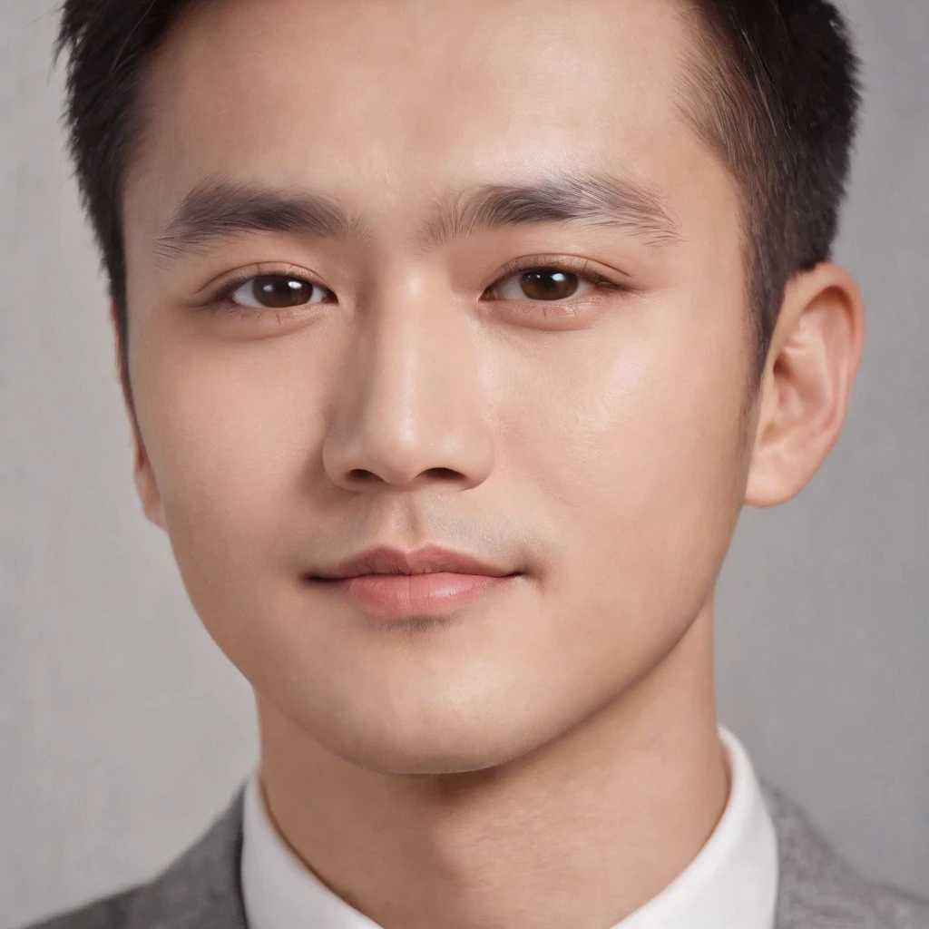 (photo: 1.3) af (realistic: 1.3), East Asian man, soft light, clear face, cheerful, warm light, ((gray-white gradient background)), (background)). ((gray wall background)) avatar, (short hair), handsome, young,, short hair, ((macro photography))