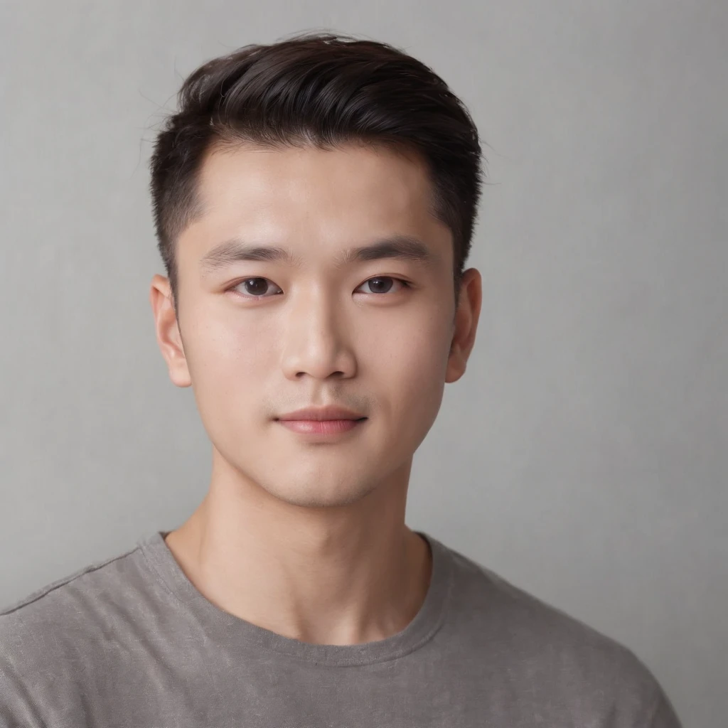 (photo: 1.3) af (realistic: 1.3), East Asian man, soft light, clear face, cheerful, warm light, ((gray-white gradient background)), (background)). ((gray wall background)) avatar, (short hair), handsome, young,, short hair, ((macro photography))