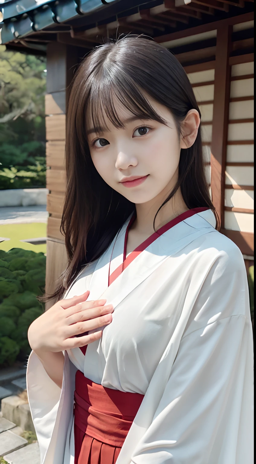 (shrine maiden)、((15 year old student))、random pose、(highest quality,masterpiece:1.3,ultra high resolution,),(Super detailed,caustics),(Photoreal:1.4,RAW shooting,)ultra-realistic capture,very detailed,High resolution 16K human skin close-up、 natural skin texture、、Skin tone looks even and healthy、 Use natural light and color,1 girl,Japanese,,cute,black haired,middle hair,,smile,,(written boundary depth、chromatic aberration、、wide range of lighting、natural shading、)、Yuki