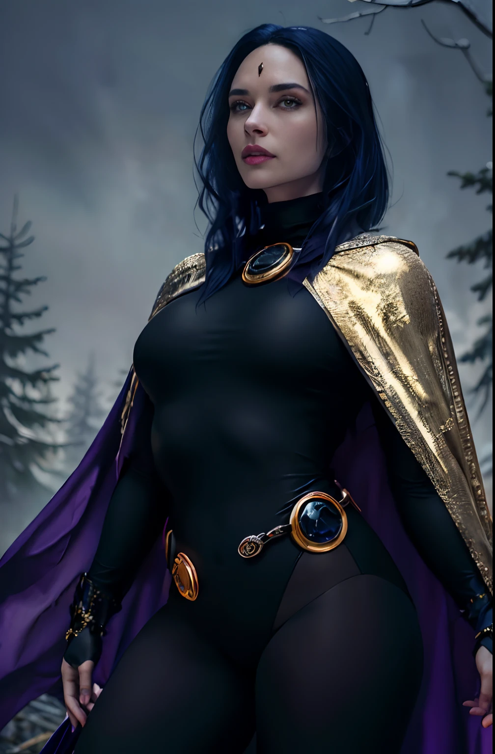 cowboy shot of  alinitydivine as rvn, hotraven, pale skin, black leotard, turtleneck, tights, cape, glowing eyes, gold belt, jewels, medallion, athletic, looking at viewer, night, dark forest, mist, fog, volumetric lighting, best quality, masterpiece, intricate details, tonemapping, sharp focus, hyper detailed, realistic