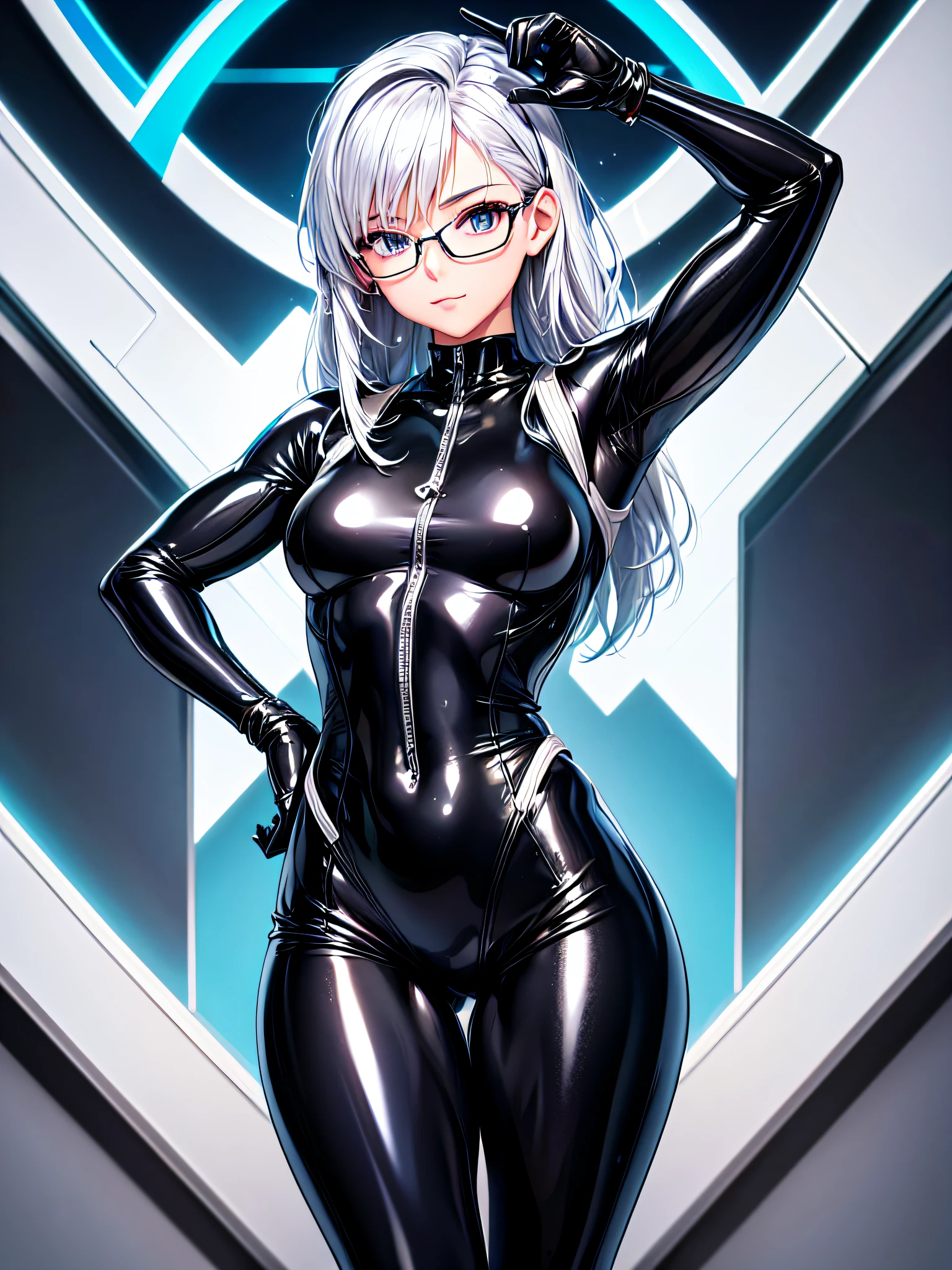5 8K UHD、Muscular and busty beauty with small nose with silver hair in a shiny silver full-body wetsuit wearing glasses is showing her armpits、Shiny silver latex wetsuit with hidden skin、Front-to-top up-angle