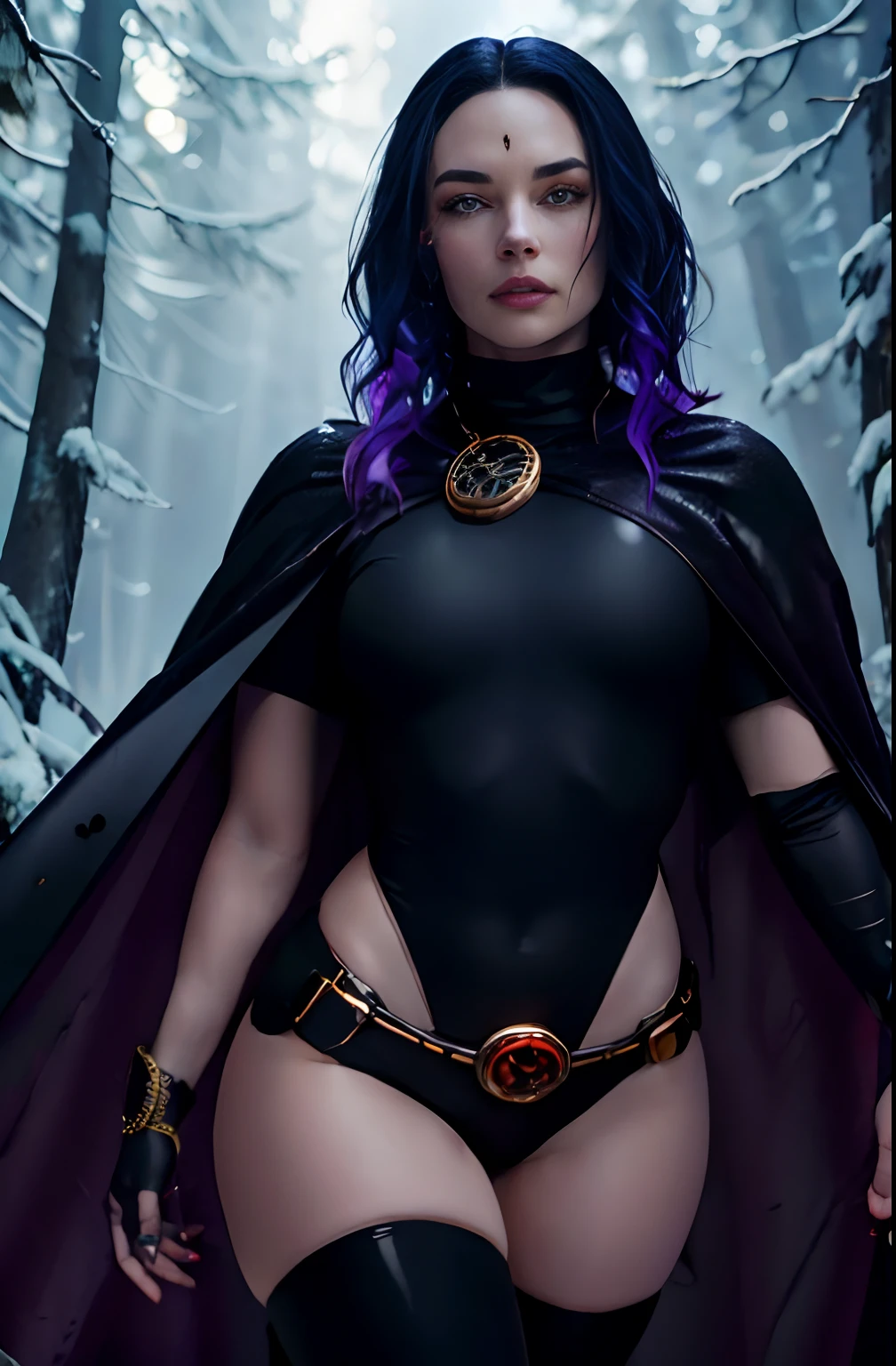 cowboy shot of  alinitydivine as rvn, hotraven, pale skin, black leotard, turtleneck, tights, cape, glowing eyes, gold belt, jewels, medallion, athletic, looking at viewer, night, dark forest, mist, fog, volumetric lighting, best quality, masterpiece, intricate details, tonemapping, sharp focus, hyper detailed, realistic