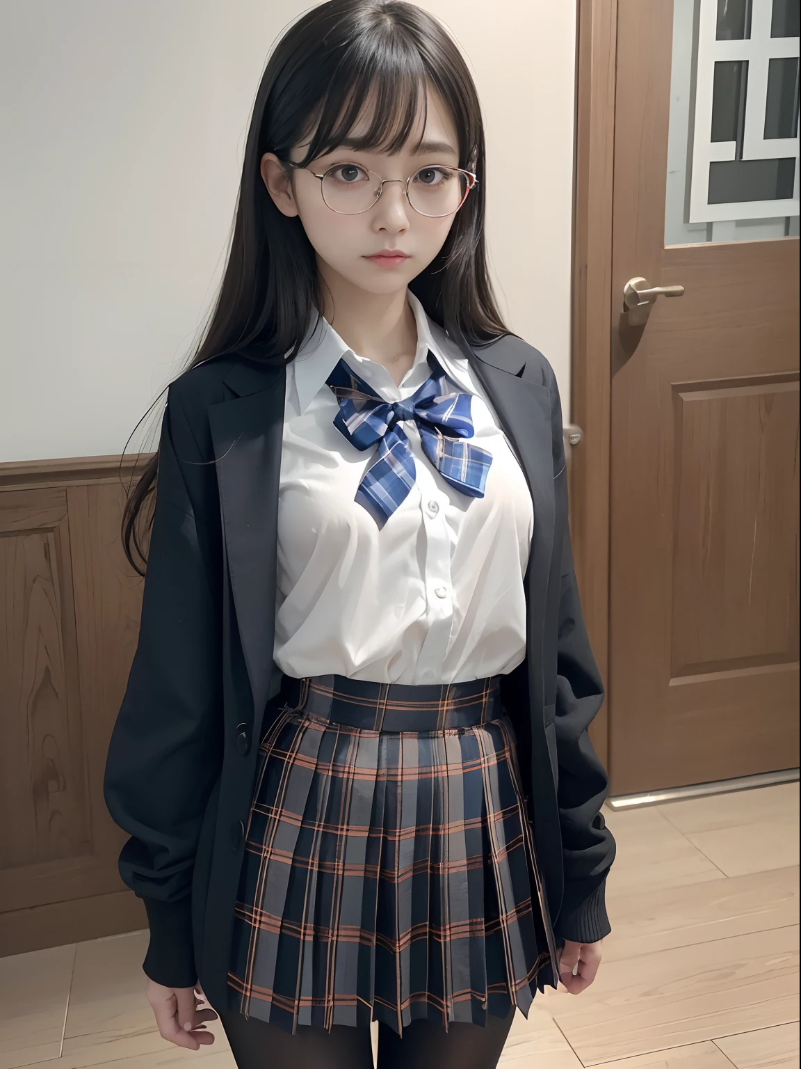 (Underwear is visible)、((Narrow-eyed))、((Narrow-eyed))、((Narrow-eyed))、(8K、Raw photography、top-quality、​masterpiece：1.2),((small tits))、((small tits))、((small tits))、((small tits))、((small tits))、((A-cup))、((A-cup))、((A-cup))、((A-cup))、((A-cup))、Has a small、(flat breast)、(flat breast)、(flat breast)、(flat breast)、(flat breast)、(being thin)、Dark look、Rasping,glamor,Chromo-white skin,cocky,School,watching at viewers,Looking at the front,Muchimuchi,High-pitched clothing,Erotic,Pupils,de pele branca,kne,((Black pantyhose)),absurderes,a small face,,Forehead visible,Bangs hanging from the left and right sides of the forehead,(a cold expression,Tight eyes,glares,Bullish,irate)、​masterpiece,top-quality、超A high resolution,Raw photo,ren,Beautiful fece,One Person, 独奏,eye glass,,Dark look,Small breasts,fullllbody,Round glasses,JK school uniform,hi-school girl,A Japanese Lady,is standing,（Photorealsitic：1.37）、Photon mapping,Realistic、Beautie,Cute little face,Brown-eyed、Black socks、(Red bow tie)、Radio City、Physically Based Rendering、depth of fields、Blurry background、a picture,Body,beauty legs, Long legs, Thin leg,(Bangs are visible), hair, s lips, Blue_The eye, nosesoft,(Light blue shirt), (Navy and blue and white plaid pleated skirt), Knees are visible,Sheer clothing,, Thigh, Black cotton socks,Nogizaka Idol, 女優, Japanese ido