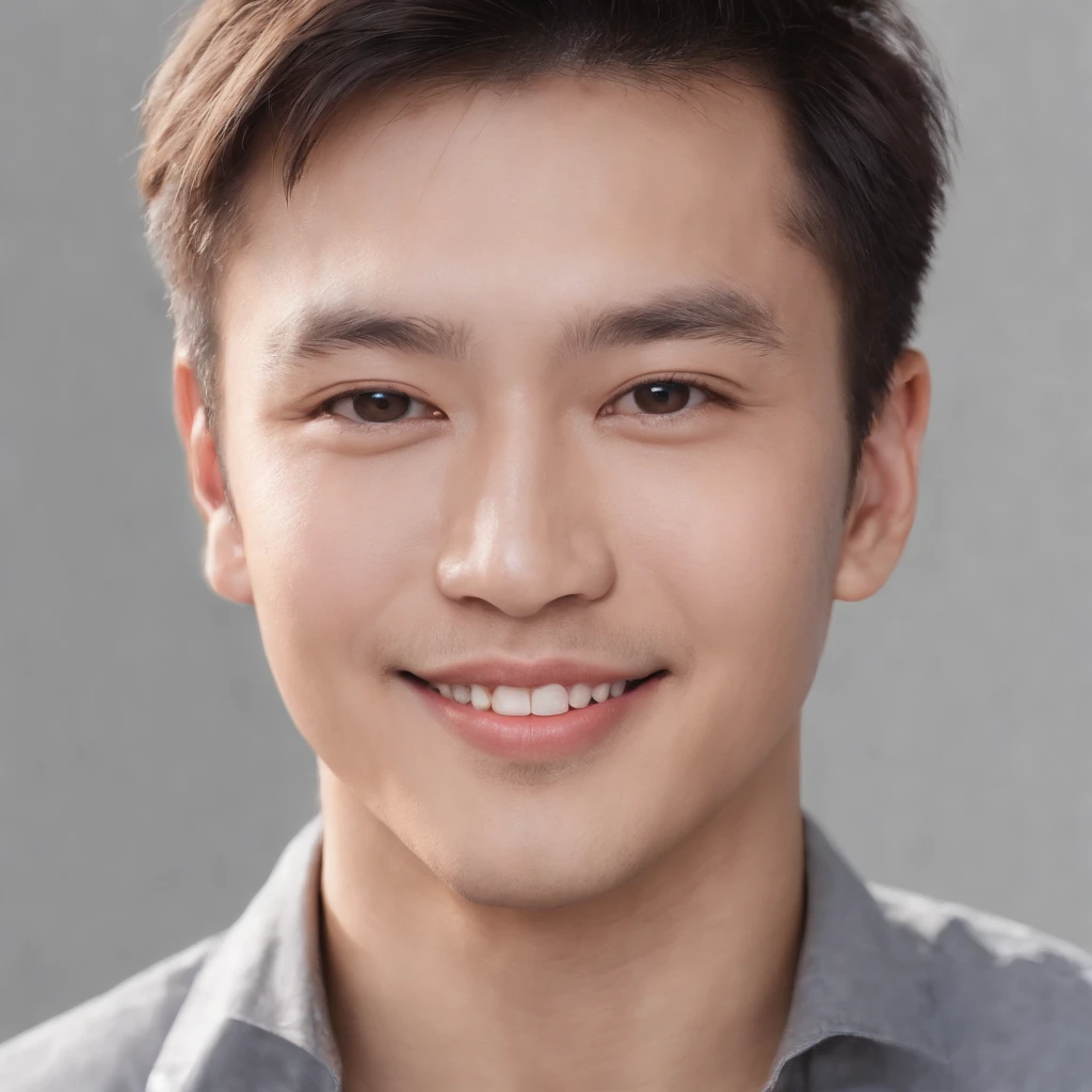 (photo: 1.3) af (realistic: 1.3), East Asian man, soft light, clear face, cheerful, warm light, ((gray-white gradient background)), smile, (background)). ((gray wall background)) avatar, (short hair), handsome, young,, short hair, ((macro photography))