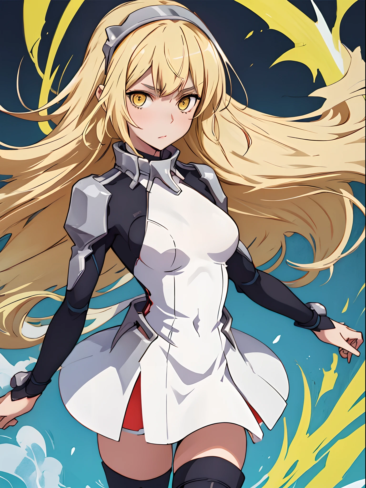 ais, 1girl, solo, blonde hair, long hair, straight hair, thighhighs, dress, yellow eyes, white dress, medium breasts,