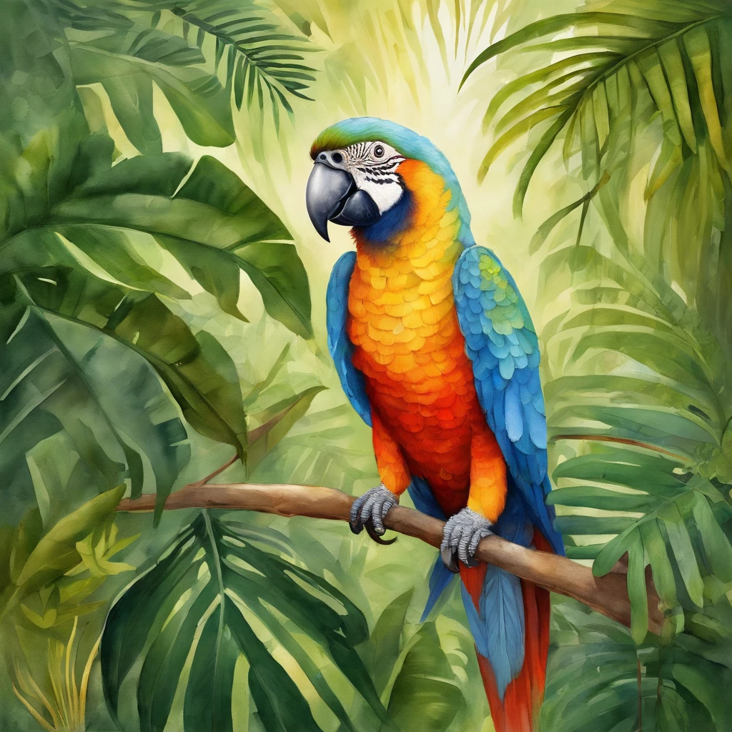 (a)colorful parrot, (beautiful,detailed)feathers, (vivid,rich)colors, (bright,eye-catching)red, green, blue feathers, (colorful,tropical)bird, (exotic,attractive)plumage, (feathery)ruffs, (long, graceful)tail feathers, (elegant)curved beak, (intelligent,witty)eyes, (playful)posture, (perched,on a)lush, (lush,tropical)branch, (sunlit,tropical)forest, (tropical)flora and fauna, (dazzling,bright,sharp)focusing, (artistic,illustration-like)style, (photo-realistic)details, (highres,4k,ultra-detailed)quality, (realistic)color tones, (soft, warm)natural lighting