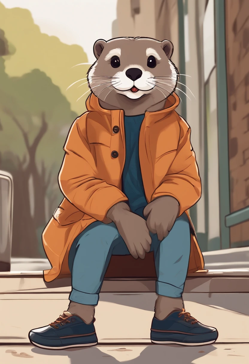 otter with shoes, cute, street fashion, flat color, vector, cartoon, detail, fashion and design, sticker design, sitting on ground, full body potrait, street design, boy fashion, perfect lighting