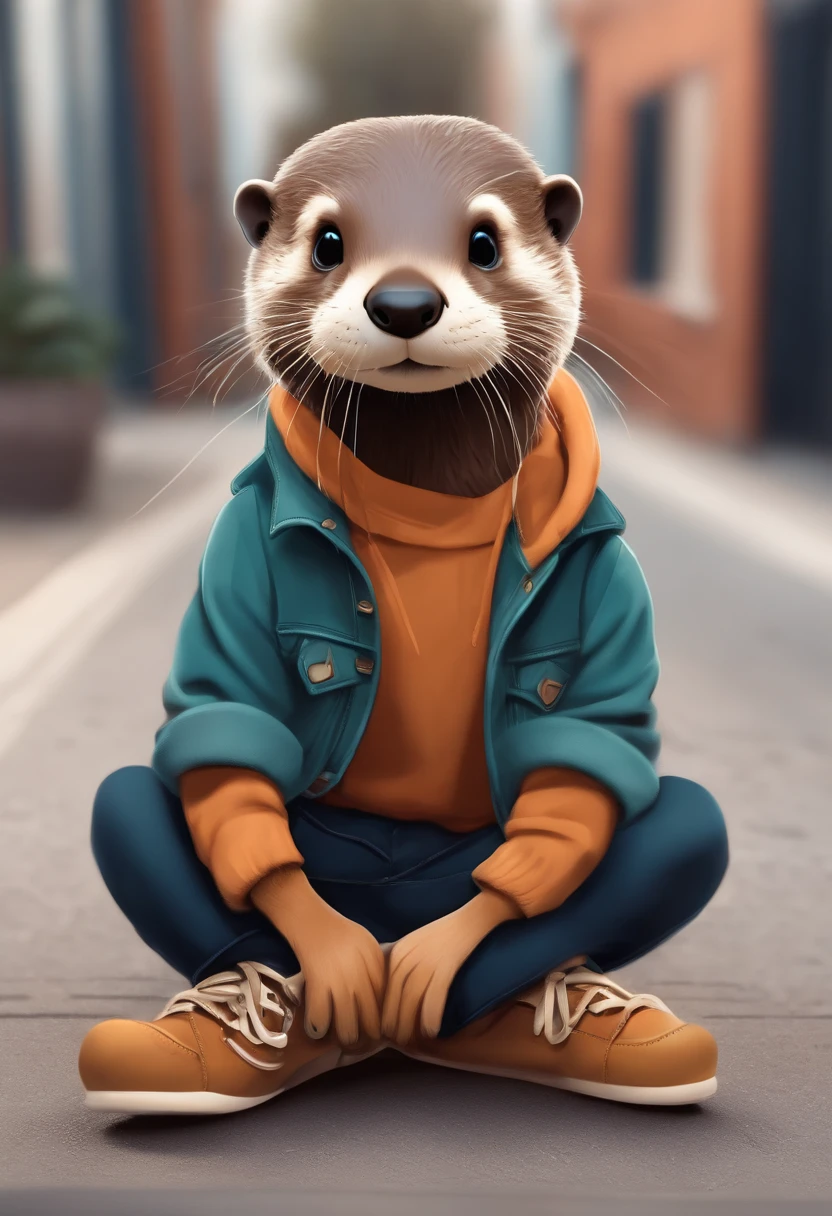 otter with shoes, cute, street fashion, flat color, vector, cartoon, detail, fashion and design, sticker design, sitting on ground, full body potrait, street design, boy fashion, perfect lighting