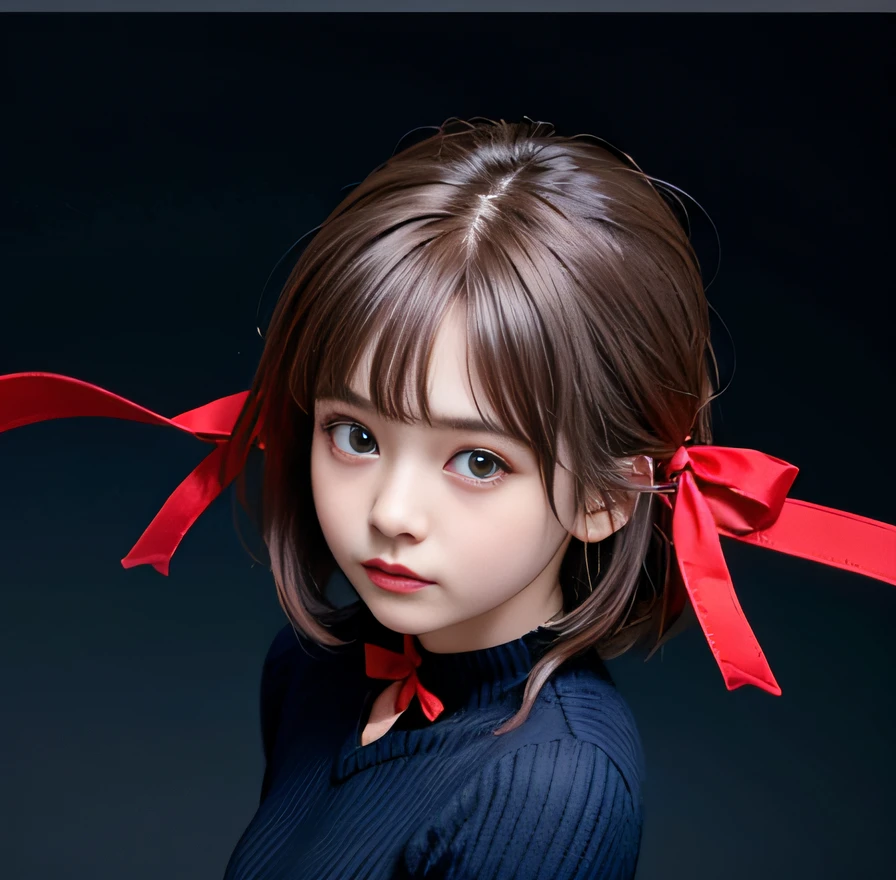 ((High-quality raw photos, 8Ｋ, top-quality:1.3)), (glossy dark hair, Dark blue high-neck sweater, Wearing a red ribbon on his chest:1.3), shorth hair, Beautiful deep brown eyes, It's a cute little li.、Japan Girl, (reallistic、Photorealsitic:1.2)、Beautiful big eyes, kawaii, Bust Sharp Focus, white backgrounid, textures of natural reflections, cinematic lightin,