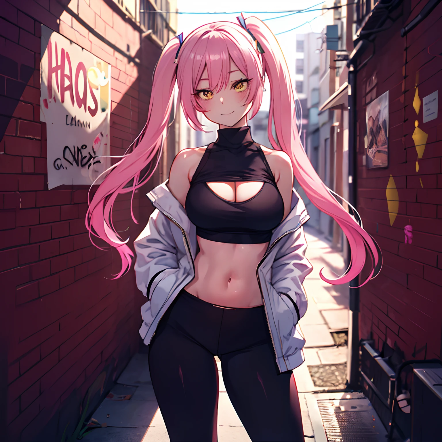 (master piece, best quality, 1 girl, alone, intricate details, chromatic aberration), realistic, yellow eyes, Twintails hair, long hair, pink hair, medium breast, medium ass, smile, Happy, Bobby pins, Choker, ultra detailed, 8K wallpaper, reflection light, Ray tracing, realistic BREAK, Choker, cleavage, cleavage cutout, turtleneck crop top, ripped leg outfit, hands in pockets, yoga pants, against the wall, wall bricks, graffiti, dim lighting, alley