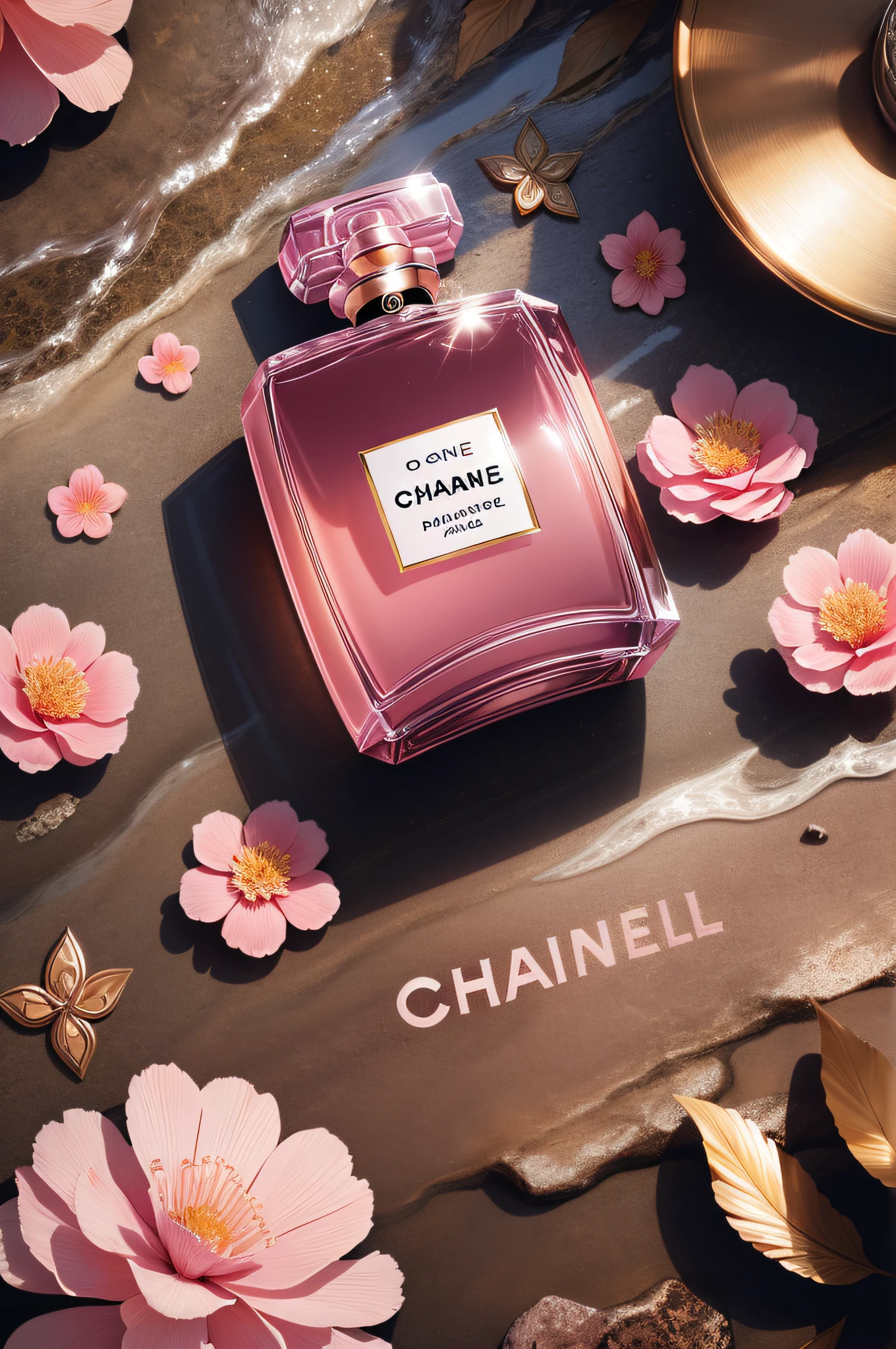 Chanel perfume，Noble texture，commerciaphotography，Pure background，There are rocks，Water streaks of light and shadow，There are pink flowers