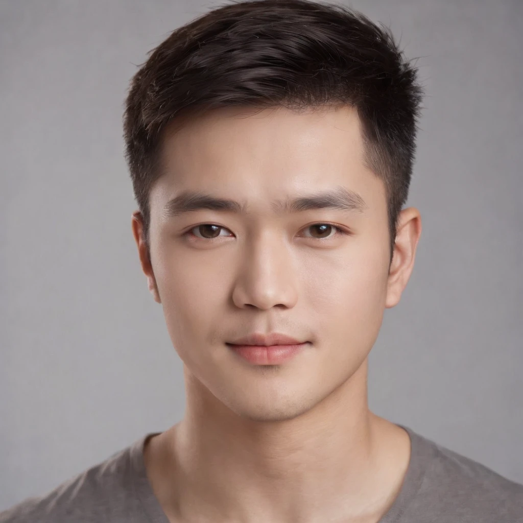 (photo: 1.3) af (realistic: 1.3), East Asian man, soft light, clear face, cheerful, warm light, ((gray-white gradient background)), (background)). ((gray wall background)) avatar, (short hair), handsome, young,, short hair, ((close-up))
