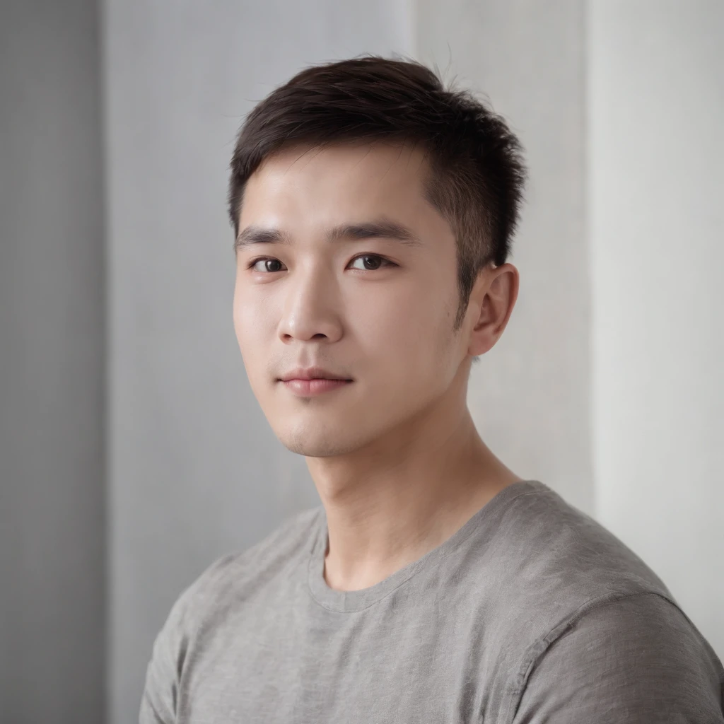 (photo: 1.3) af (realistic: 1.3), East Asian man, soft light, clear face, cheerful, warm light, ((gray-white gradient background)), (background)). ((gray wall background)) avatar, (short hair), handsome, young,, short hair, ((close-up))