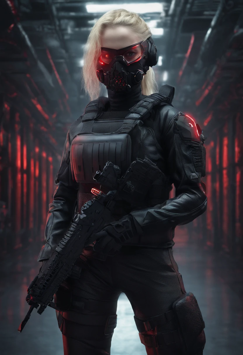 Beautiful Young Special Forces Girl, (((Glowing Eyes, Blonde Hair, Ponytail))), (((Wearing black special forces equipment, Body Armour, Tactical Gear, Half Face Tactical Mask))), (((Gun in hand))), full bodyshot, Cyberpunk, neonlight, Futuristic, surrealist, Red 3D, Redshift, Maxon Cinema 4D, Quaixel Megascan rendering, Doomsday colors, Red light, Futuristic, 1/3, High detail, Ultra high quality, illusory engine, 8K, LED lamps, global lighting, deep shadows, Octane Rendering, 8K, Ultra Sharp, Metal, Intricate Ornament Details, baroque details, Very intricate details, realistic light, CGSoation trend, facing the camera, neon details