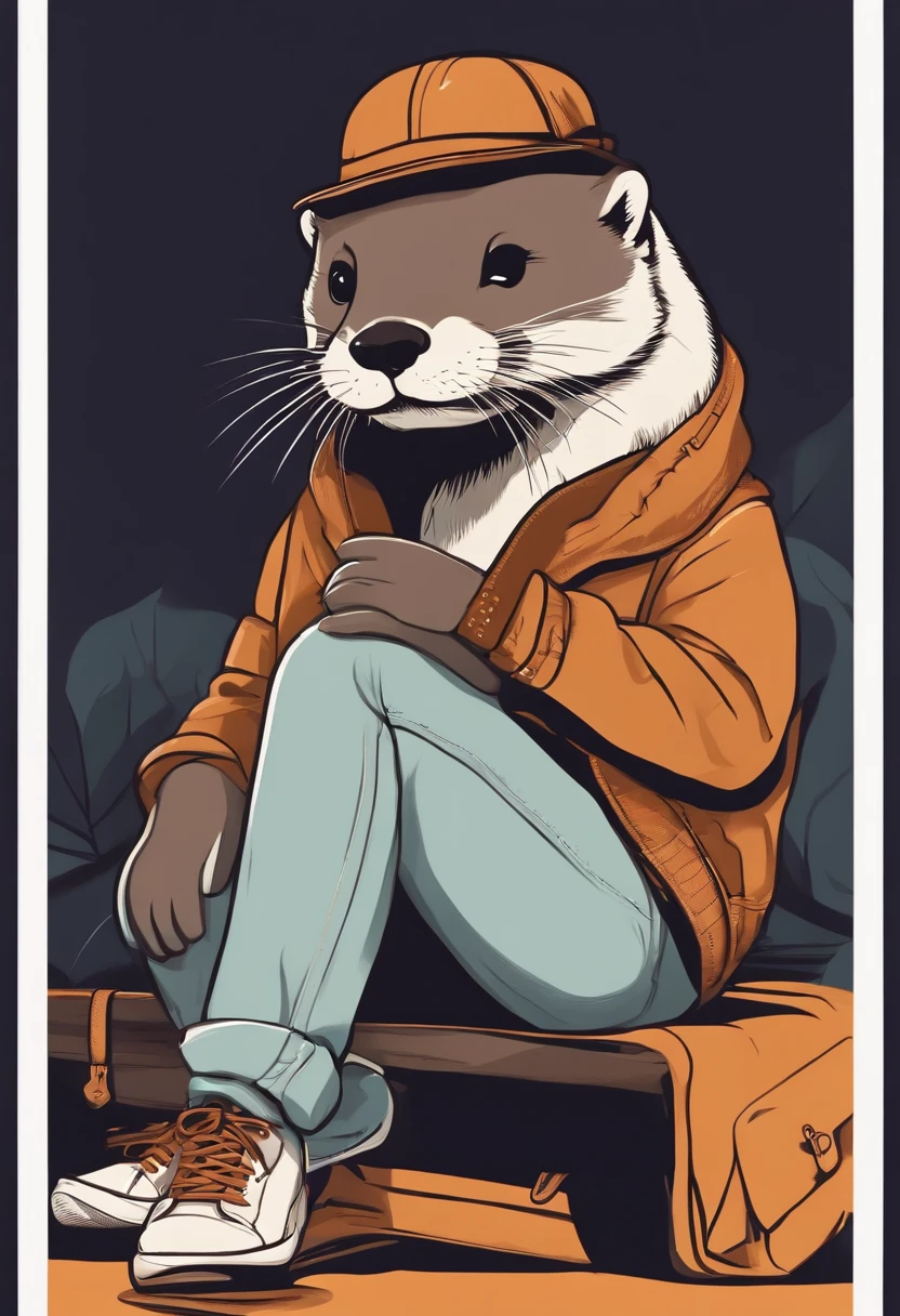 otter with shoes, street fashion, flat color, vector, cartoon, detail, fashion and design, sticker design, sitting on ground, full body potrait, boy fashion, perfect lighting