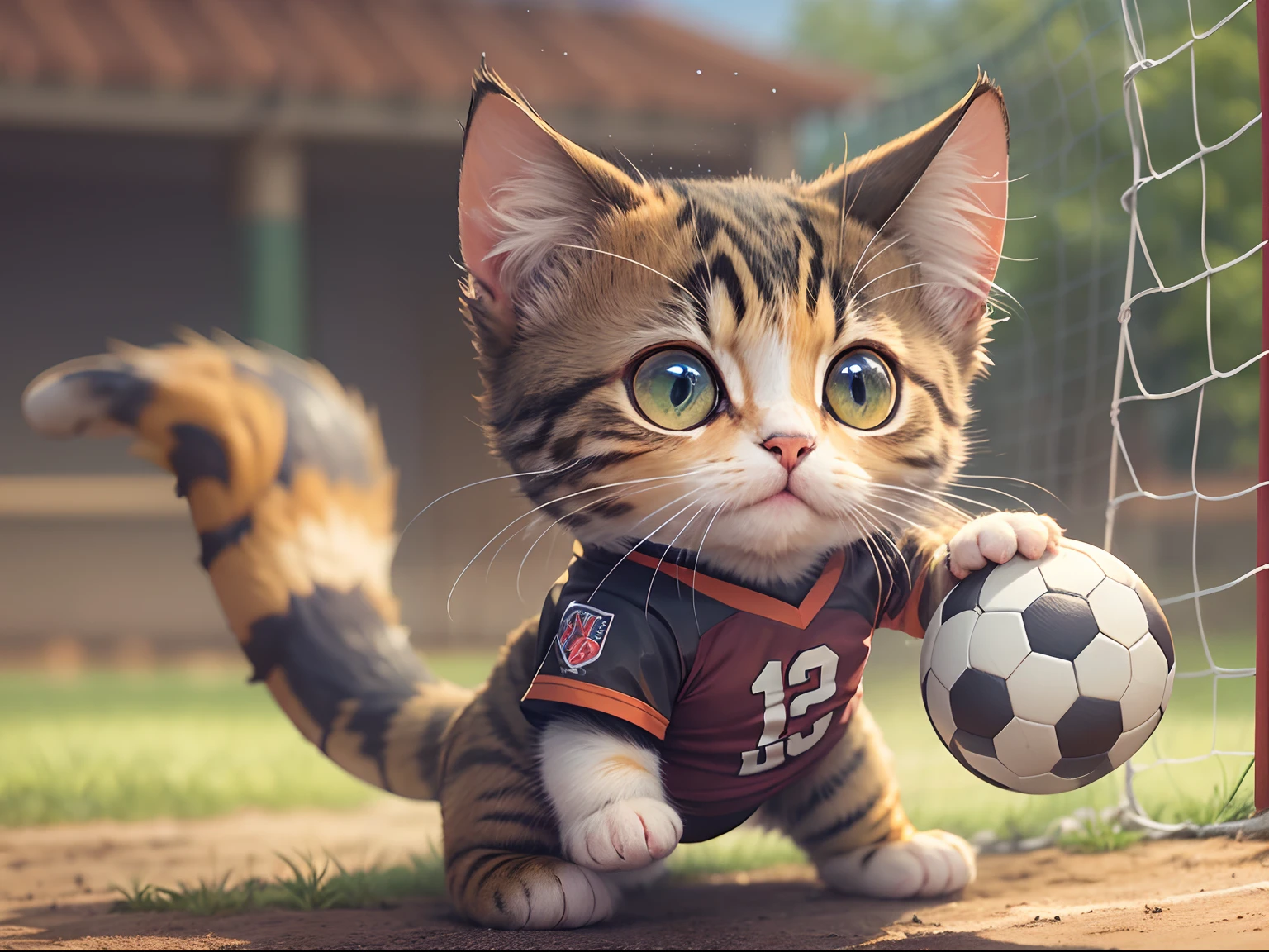 A cute cat with round eyes acts as a goalkeeper, Wear a football jersey, Playing football, The pasture has a dragon gate.