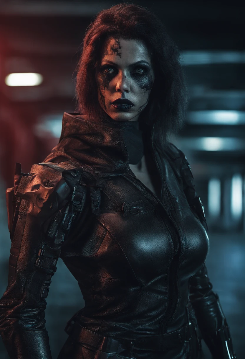 Masterpiece, a beautiful female Bounty Hunter, 1 Mechanical Girl, (Ultra Realistic Details), (cyberpunk city at night background, cyberpunk (((Red outfit, long Cyberpunk Jacket))), strong muscular body, short (((multicoloured hair, undercut))), (((Mechanical Limbs))), cyberpunk aesthetic, (skin texture:1.1), best quality, ultra high res, (photorealistic: 1.4), Raw photo, by Ellen von Unwerth, Nikon D850 Film Stock Photography, F1.6 Lens, Rich Colors, Realistic, Cinestill 800, backlight, rimlighting, studiolighting,