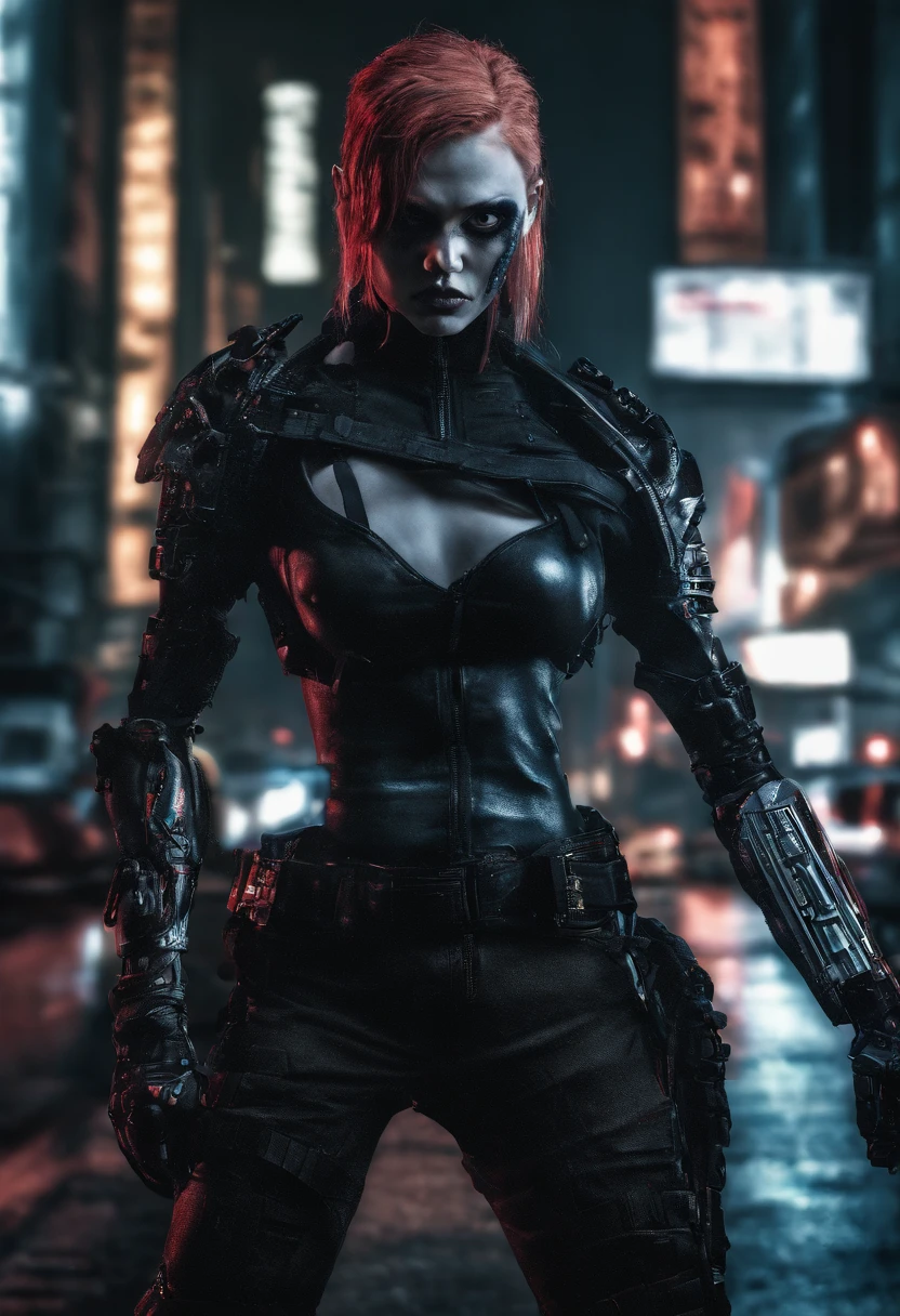 Masterpiece, a beautiful female Bounty Hunter, 1 Mechanical Girl, (Ultra Realistic Details), (cyberpunk city at night background, cyberpunk (((Red outfit, long Cyberpunk Jacket))), strong muscular body, short (((multicoloured hair, undercut))), (((Mechanical Limbs))), cyberpunk aesthetic, (skin texture:1.1), best quality, ultra high res, (photorealistic: 1.4), Raw photo, by Ellen von Unwerth, Nikon D850 Film Stock Photography, F1.6 Lens, Rich Colors, Realistic, Cinestill 800, backlight, rimlighting, studiolighting,