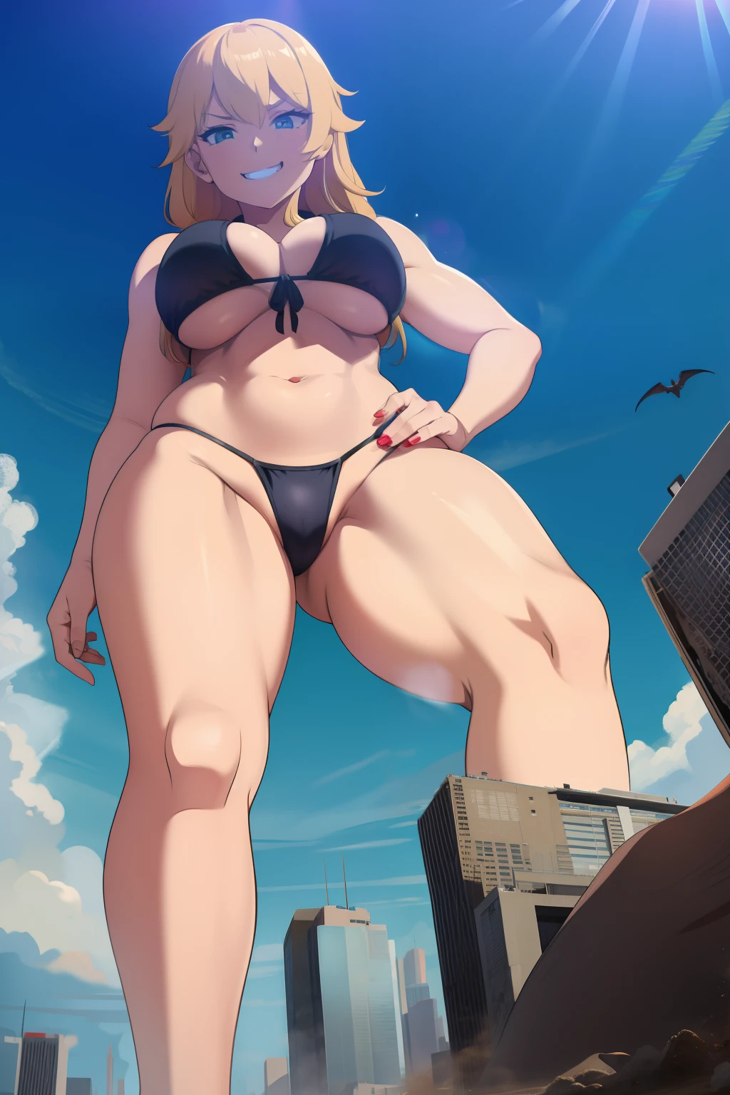 GTS, giantess in a bikini, curvy, busty, grin, evil, thick thighs, stepping
