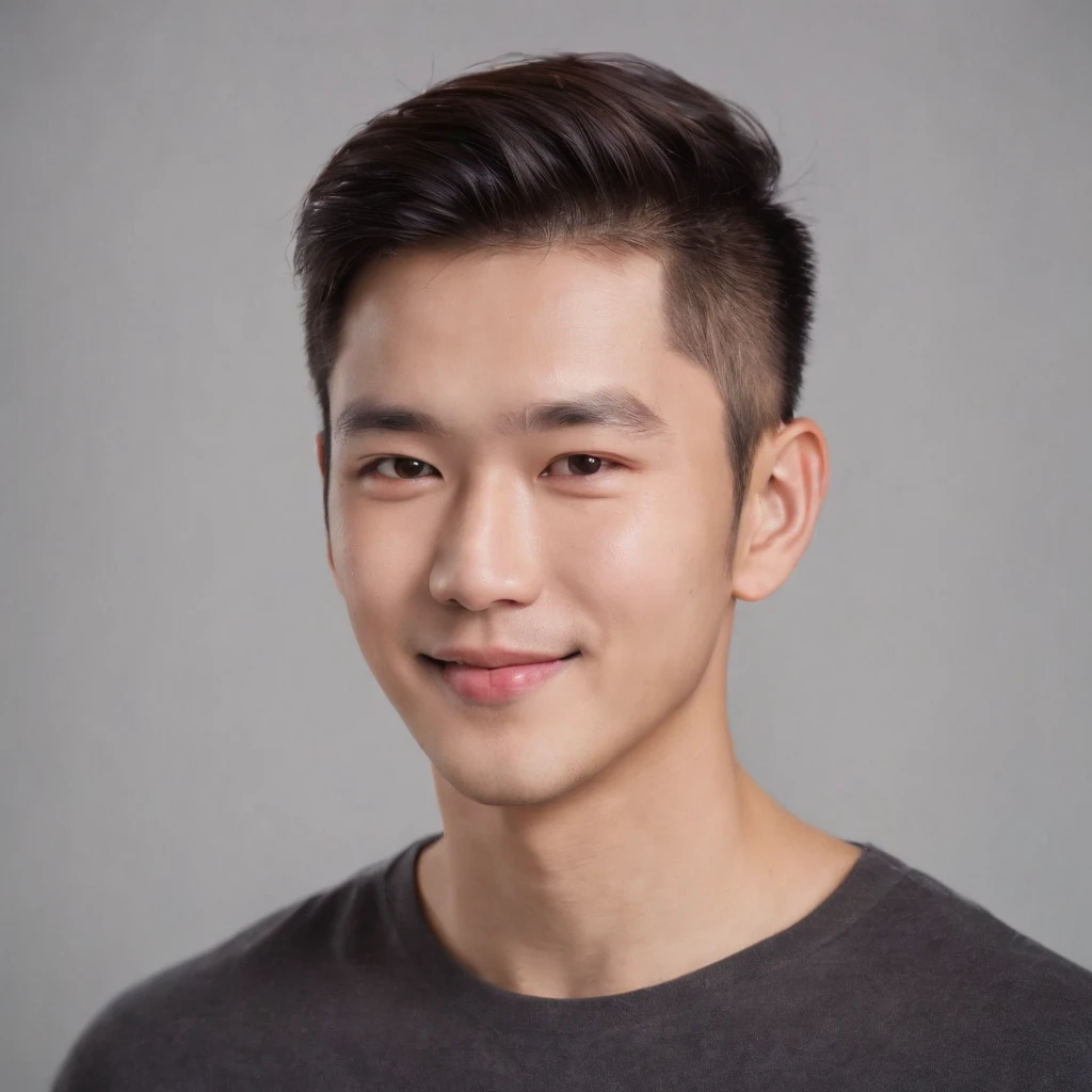(photo: 1.3) af (realistic: 1.3), East Asian man, soft light, clear face, cheerful, warm light, ((gray-white gradient background)), smile, (background)). ((gray wall background)) avatar, (short hair), handsome, young,, short hair, ((upper body))