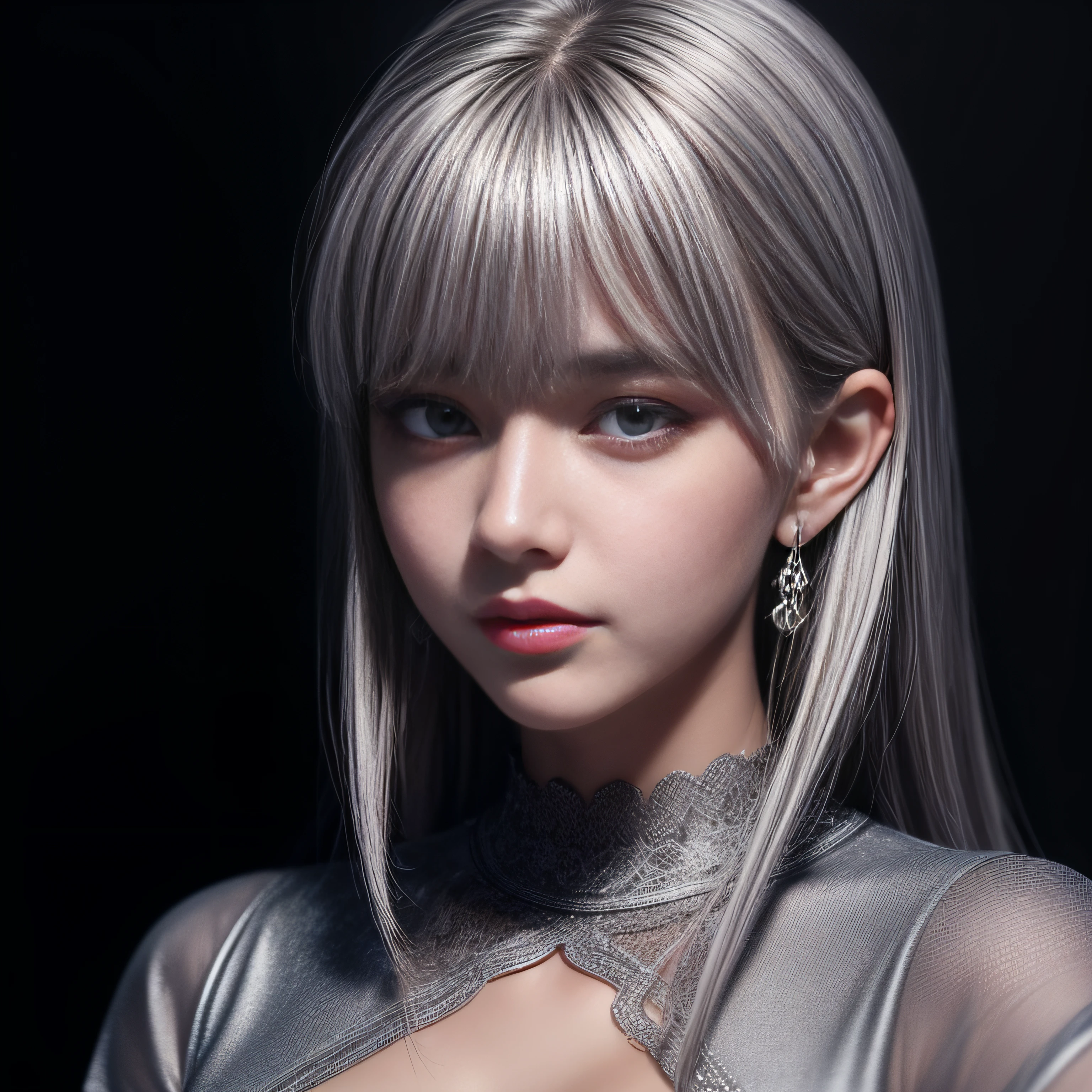 (best quality, masterpiece), 1girl, beautiful girl, brown_eyes, ((hair color [Silver hair], [bangs] hair)), earrings, lips, short sleeves,realistic, ((narrow waist)), charming, colorful makeup, long eyelashes, fair skin, (cute), (detailed face), detailed eyes, detailed iris,
