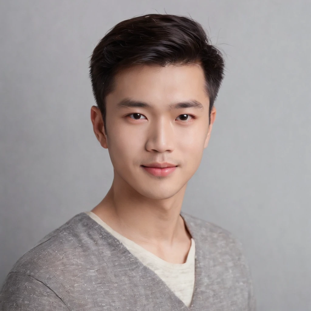 (photo: 1.3) af (realistic: 1.3), East Asian man, soft light, clear face, cheerful, warm light, ((gray-white gradient background)), (background)). ((gray wall background)) avatar, (short hair), handsome, young,, short hair, ((close-up))