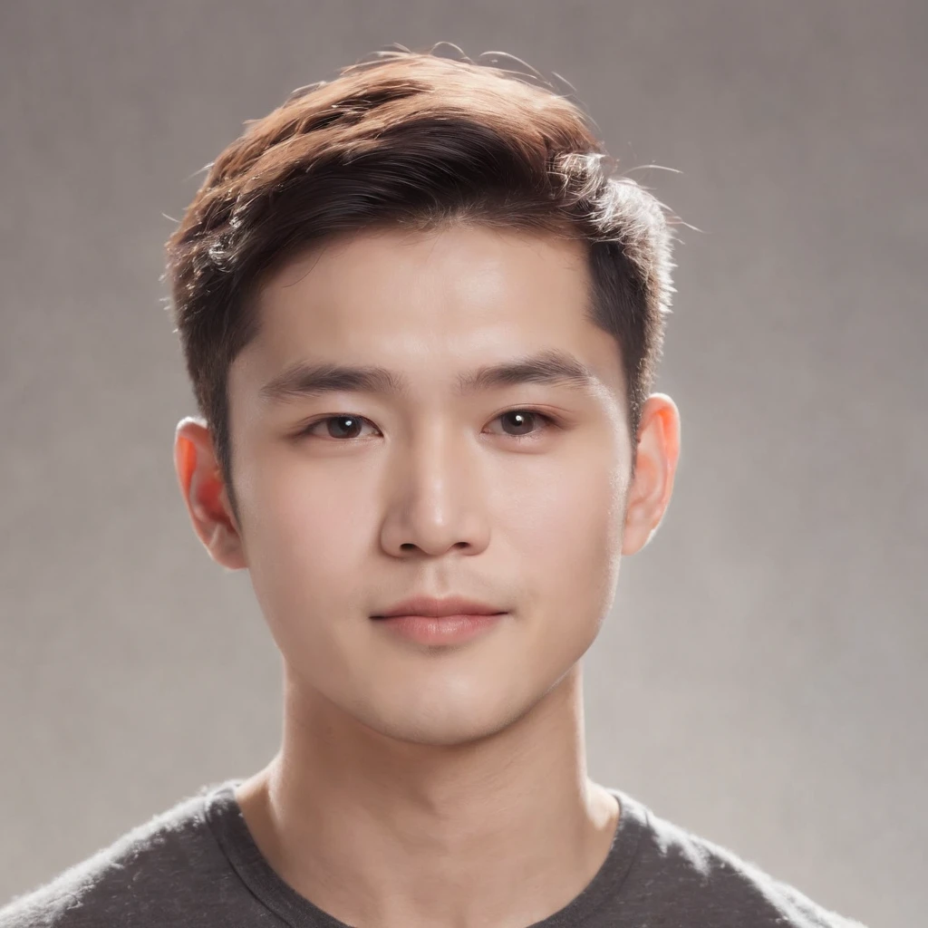 (photo: 1.3) af (realistic: 1.3), East Asian man, soft light, clear face, cheerful, warm light, ((gray-white gradient background)), (background)). ((gray wall background)) avatar, (short hair), handsome, young,, short hair, ((close-up))