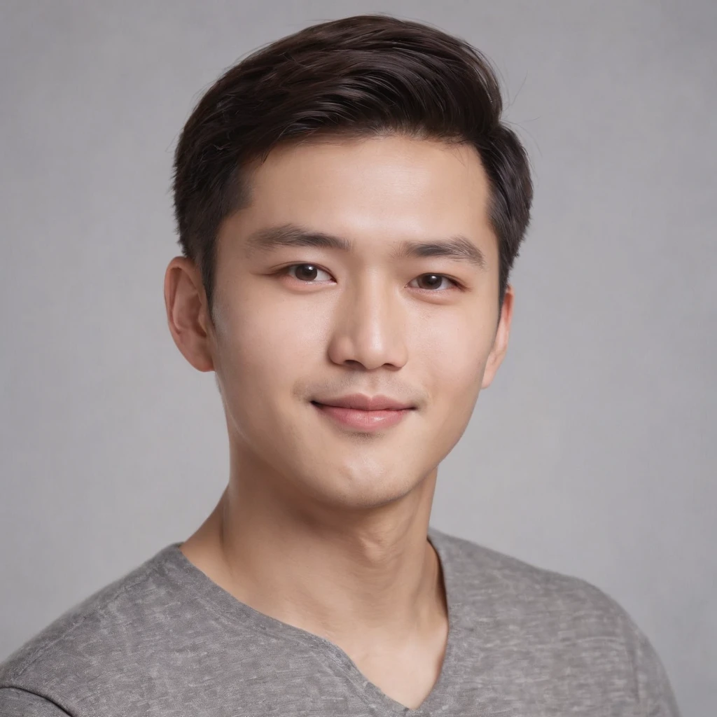 (photo: 1.3) af (realistic: 1.3), East Asian man, soft light, clear face, cheerful, warm light, ((gray-white gradient background)), (background)). ((gray wall background)) avatar, (short hair), handsome, young,, short hair, ((close-up))