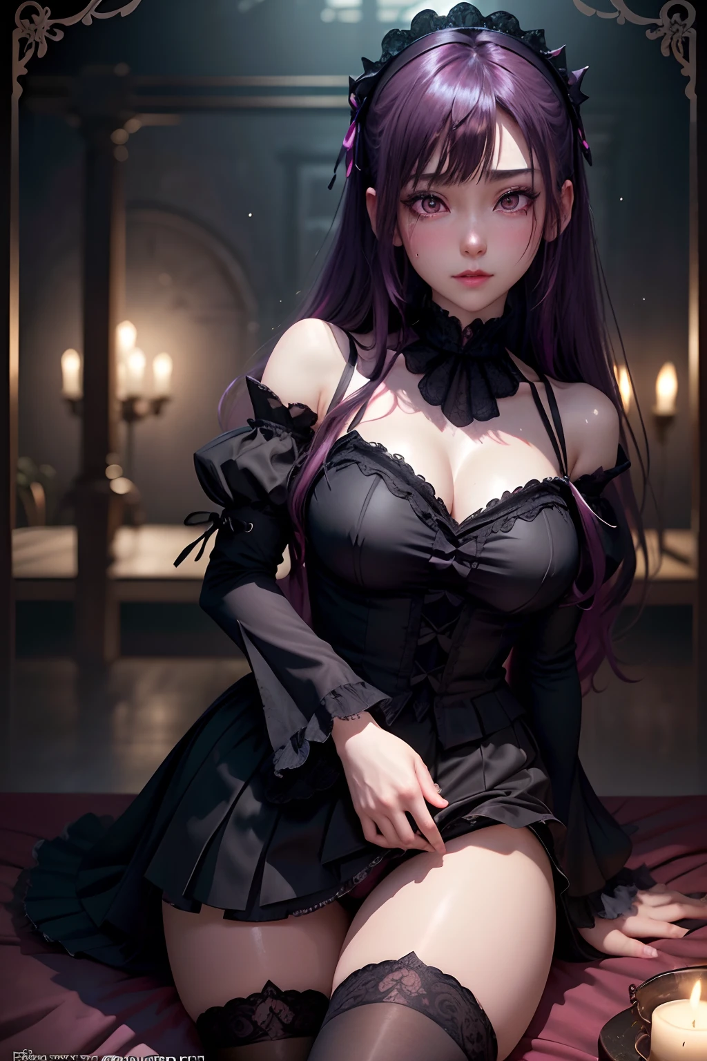 A sexy、A slight smil、garterbelts、knee high socks、panthyhose、Beautifying the world、Unhappy、Lament my night's fantasy、Transcendent beauty、Beautiful shape、wretched、ghosts、wraiths、Evil Spirit、Beautiful、boredom、Unusual beauty、Bewitching、Fornication、Hard Dark Gothic Makeup、Maniacal、Deep night sky、horor、twin-tail hair、Black Dark Eyeshadow、slaves、crying how bright、mourn、Sad songs、Good skin luster、Lace pink、Long hair straight hair、Dark Gothic Makeup、Dark smile、Restless Palace、Expressions of sexual arousal、Fragrant beauty、18year old、carriage、Lying、seductiv、 Strong sexual pleasure facial expressions、A look of shame、open the legs widely、Dark Gothic、Gothic ta、Dark purple hair、masturbation、bell sleeves、Wizard Sleeve、Obscene look、Stained glass background、masutepiece、Best Quality、Ultra-detailed、Refers to 5 books、Sweat glitters on my chest、Glitter of sweat on your face、Glitter of sweat on your thighs、Expression of sexual pleasure in anguish、Sweating profusely、Quite an inebriated face、maid clothes、Gothic Long Dress、Black ruffled skirt、Apply blush on cheeks、Pink atmosphere、Pink hair、