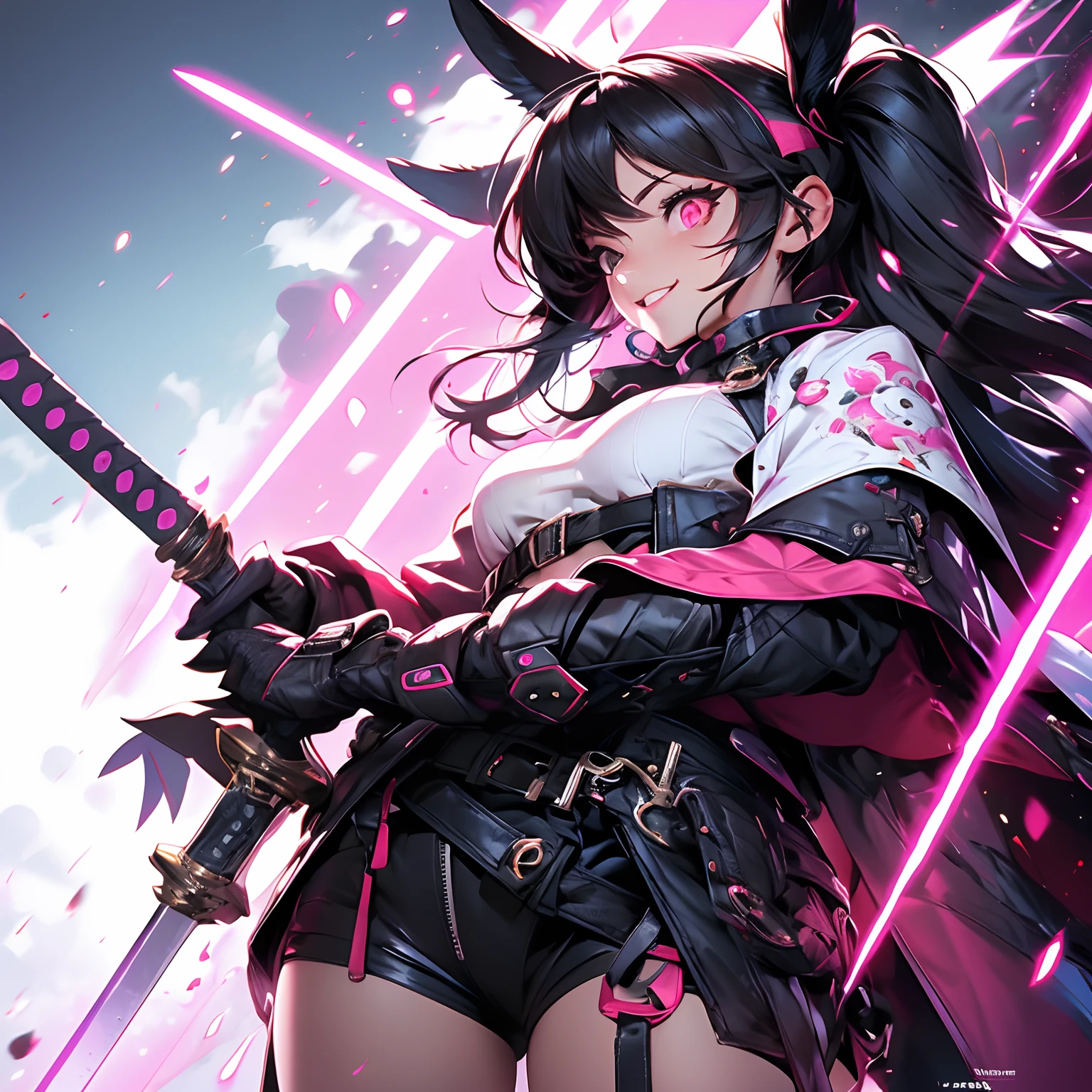 character design, (ultra detailed), (illustration) ,(masterpiece:1.2),(best quality:1.2) girls, alternate costume, animal ears, bangs, black hair, black legwear, blue jacket, character name, fingerless gloves, hair between eyes, hairband, jacket, long hair, long sleeves, looking at viewer, mask, mouth mask, multiple girls, nail polish, open clothes, pantyhose, pink eyes, puffy long sleeves, puffy sleeves, purple eyes, red eyes, shirt, shoes, , skirt, sleeves past wrists, smile, sneakers, twintails, two-tone background, white footwear, white hair, white jacket, UHD, awrad winning design, Artstation