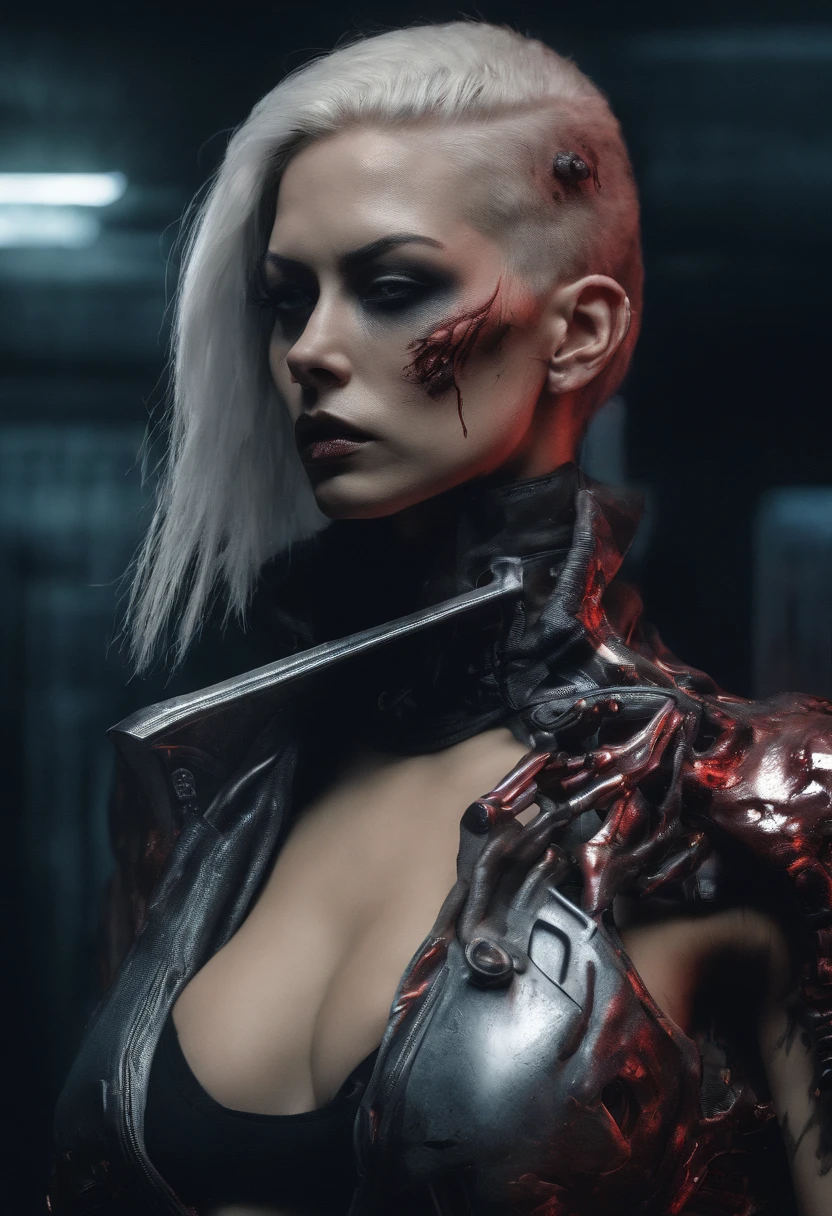 Masterpiece, a beautiful female Bounty Hunter, 1 Mechanical Girl, (Ultra Realistic Details), (cyberpunk city at night background, cyberpunk (((Red outfit, long Cyberpunk Jacket))), strong muscular body, short (((multicoloured hair, undercut))), (((Mechanical Limbs))), cyberpunk aesthetic, (skin texture:1.1), best quality, ultra high res, (photorealistic: 1.4), Raw photo, by Ellen von Unwerth, Nikon D850 Film Stock Photography, F1.6 Lens, Rich Colors, Realistic, Cinestill 800, backlight, rimlighting, studiolighting,