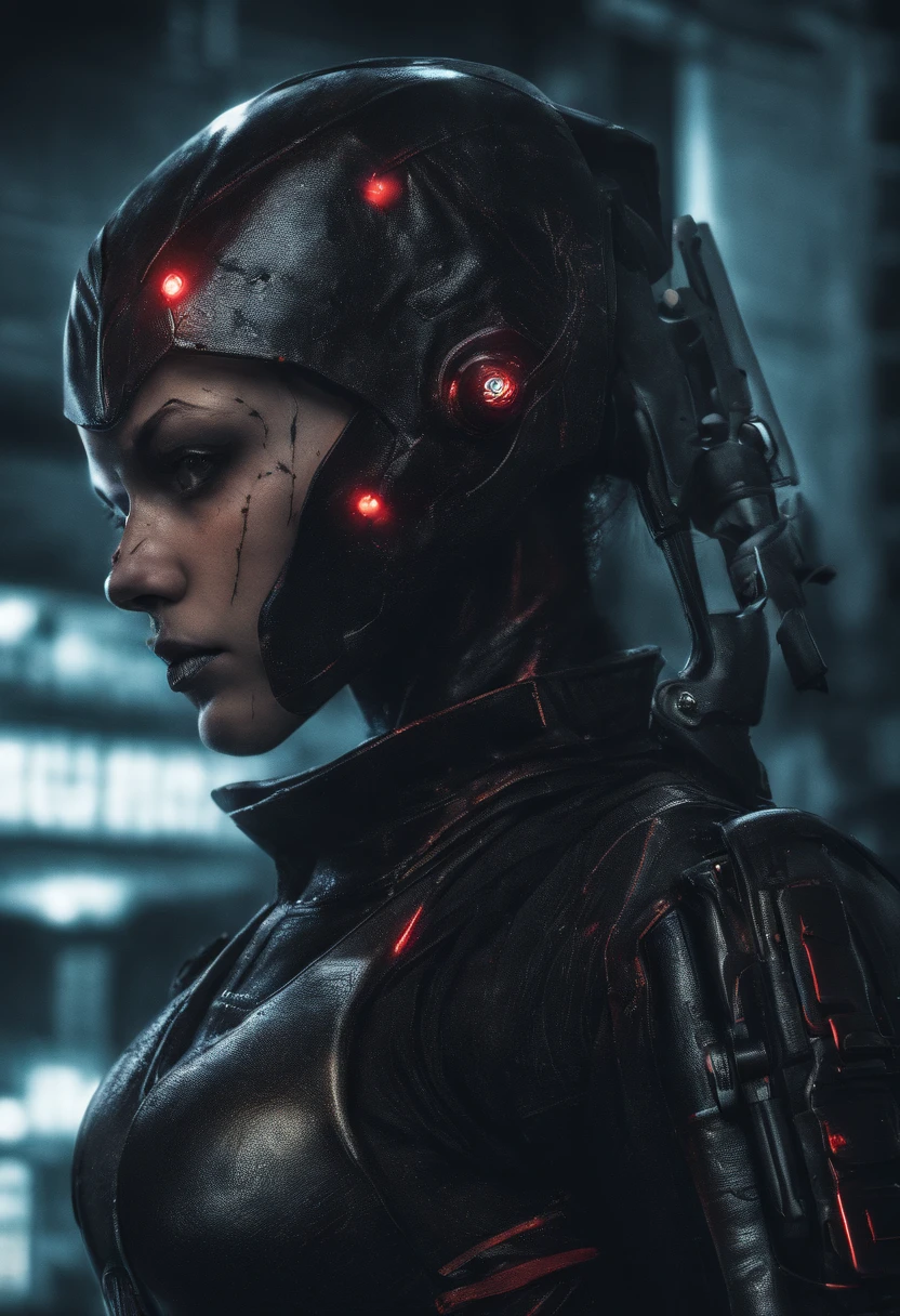 Masterpiece, a beautiful female Bounty Hunter, 1 Mechanical Girl, (Ultra Realistic Details), (cyberpunk city at night background, cyberpunk (((Red outfit, long Cyberpunk Jacket))), strong muscular body, short (((multicoloured hair, undercut))), (((Mechanical Limbs))), cyberpunk aesthetic, (skin texture:1.1), best quality, ultra high res, (photorealistic: 1.4), Raw photo, by Ellen von Unwerth, Nikon D850 Film Stock Photography, F1.6 Lens, Rich Colors, Realistic, Cinestill 800, backlight, rimlighting, studiolighting,