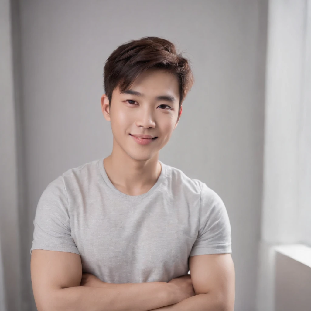 (photo: 1.3) af (realistic: 1.3), East Asian man, soft light, clear face, ((white T-shirt)), cheerful, warm light, ((gray-white gradient background)), smile, (background)). ((gray wall background)) avatar, (short hair), handsome, young,, short hair, ((upper body))