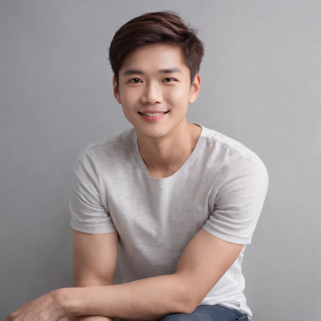 (photo: 1.3) af (realistic: 1.3), East Asian man, soft light, clear face, ((white T-shirt)), cheerful, warm light, ((gray-white gradient background)), smile, (background)). ((gray wall background)) avatar, (short hair), handsome, young,, short hair, ((upper body))