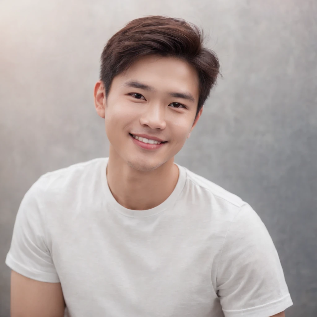(photo: 1.3) af (realistic: 1.3), East Asian man, soft light, clear face, ((white T-shirt)), cheerful, warm light, ((gray-white gradient background)), smile, (background)). ((gray wall background)) avatar, (short hair), handsome, young,, short hair, ((upper body))