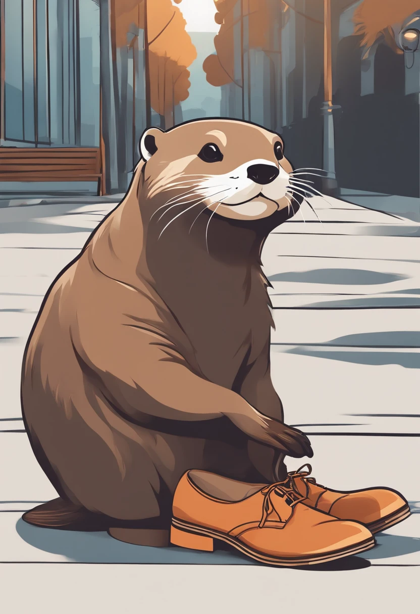 otter with shoes, street fashion, flat color, vector, cartoon, detail, fashion and design, sticker design, laying on ground, full body potrait, fashion king perfect lighting